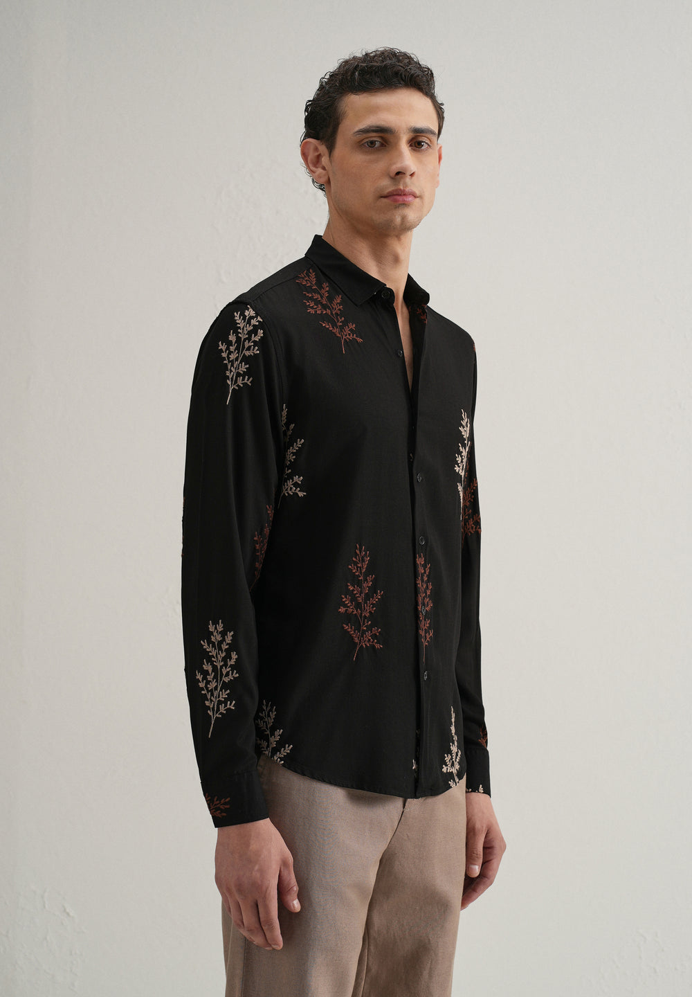 Black Botanical Embroidery Shirt