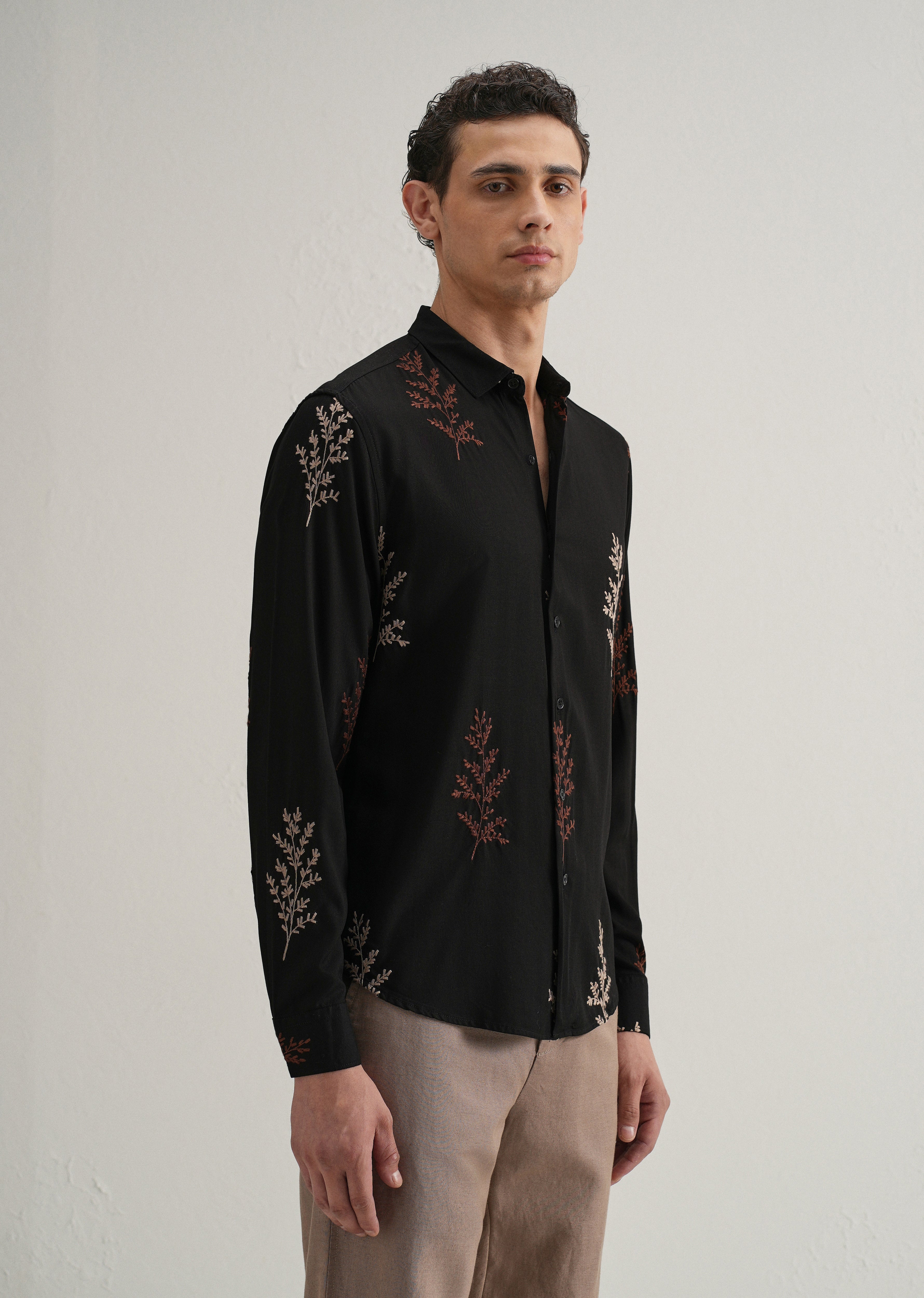 Black Botanical Embroidery Shirt