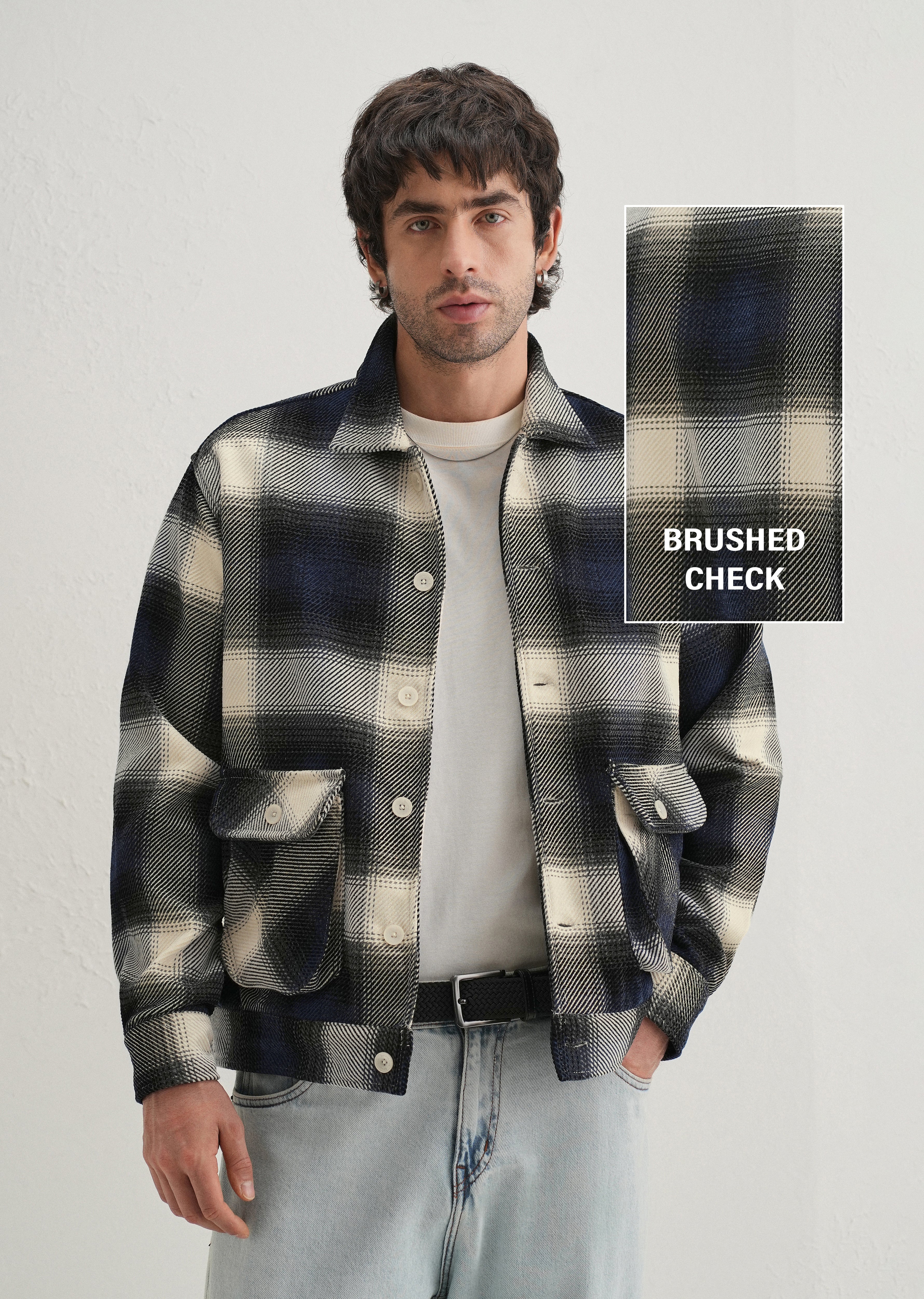 Black Brushed Check Utility Shacket