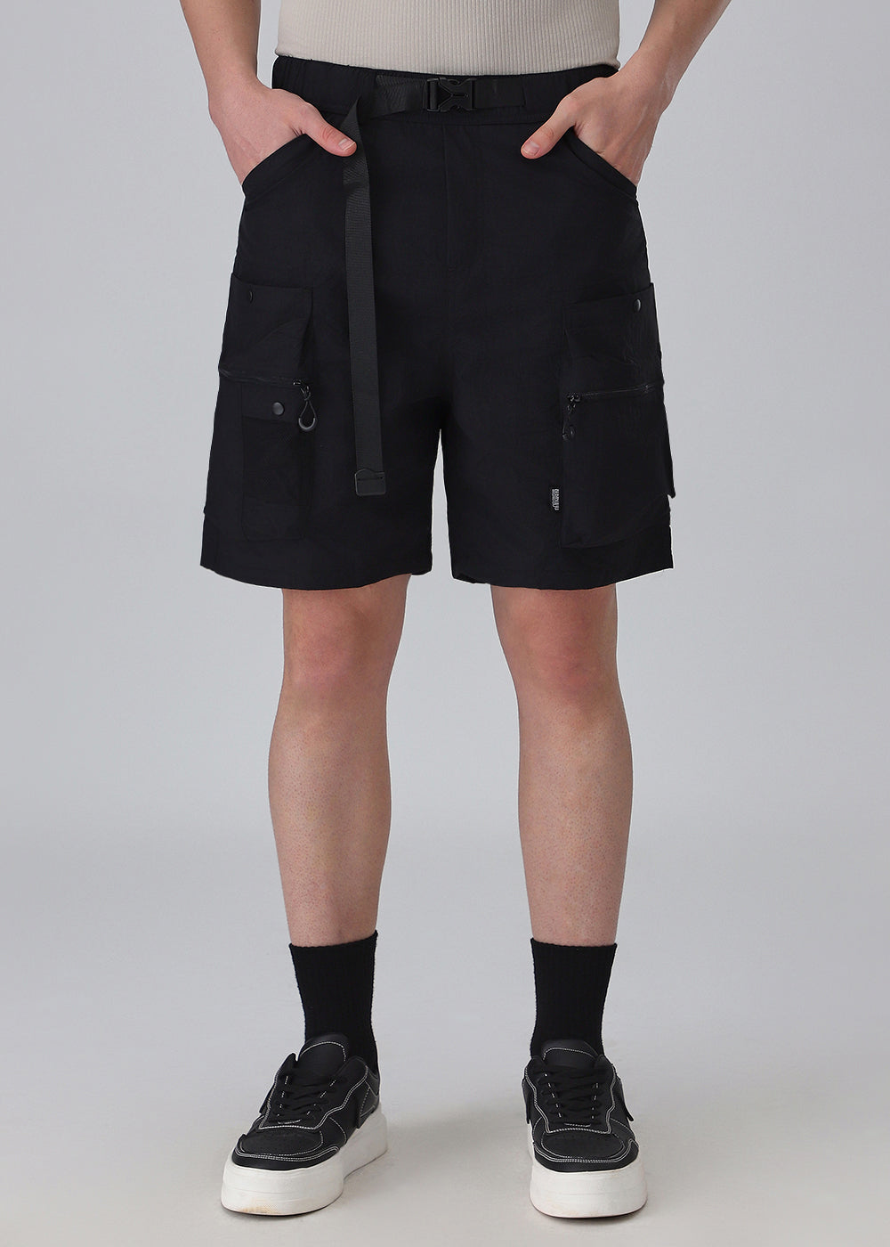 Black Buckle Belt Cargo Shorts