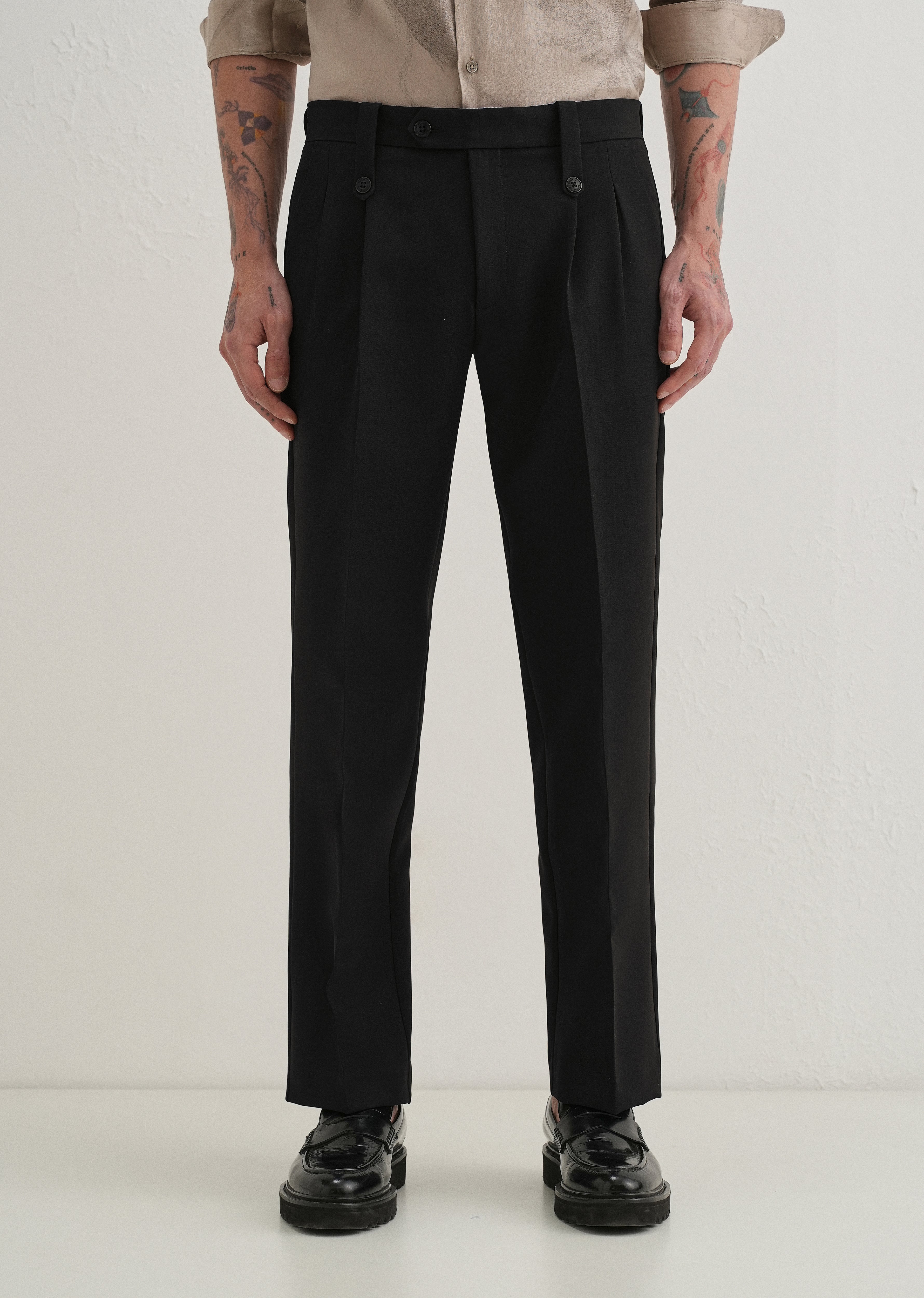 Black Button-Tab Pleat Trouser