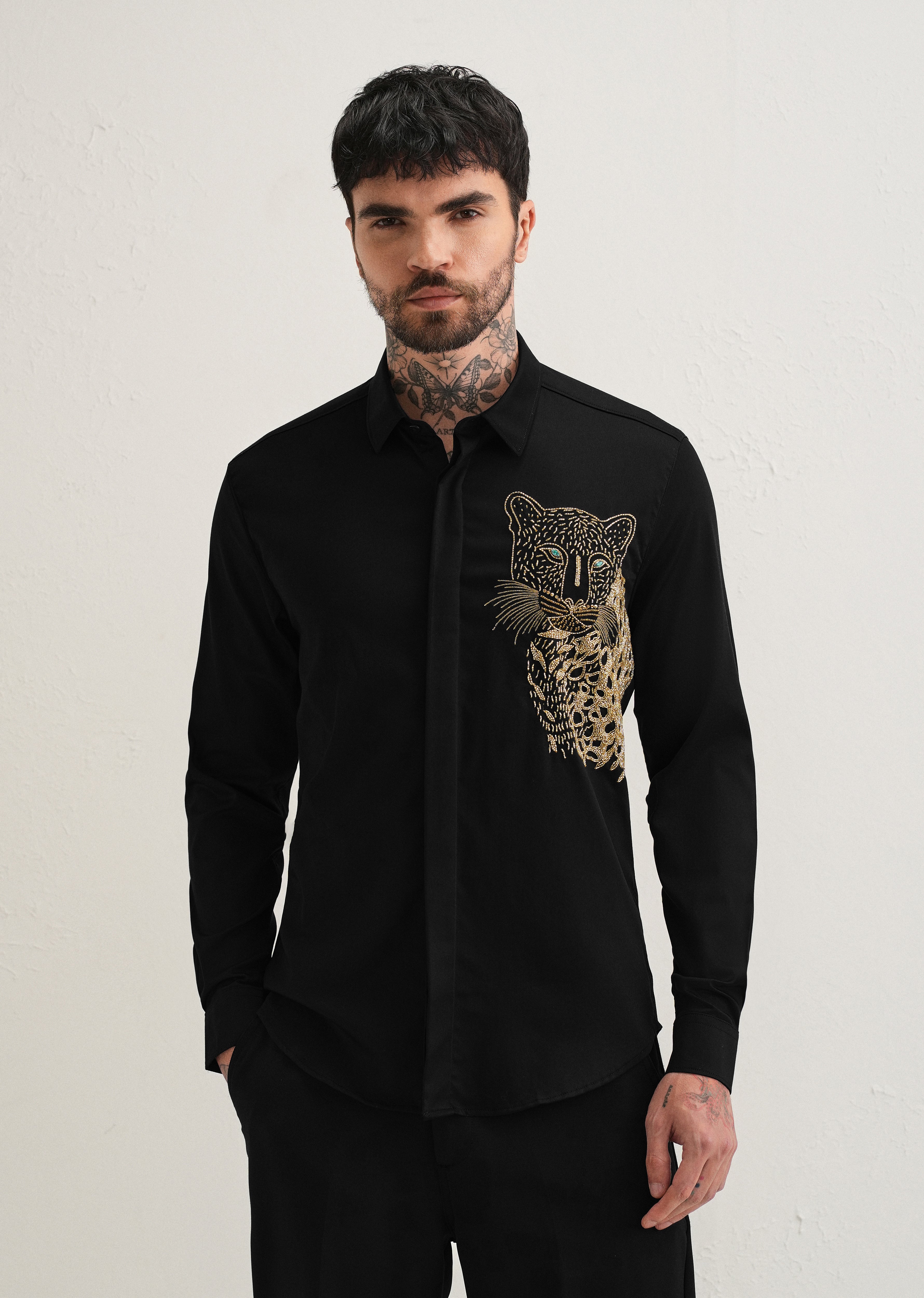 Black Cheetah Embellished Handwork Designer Shirt