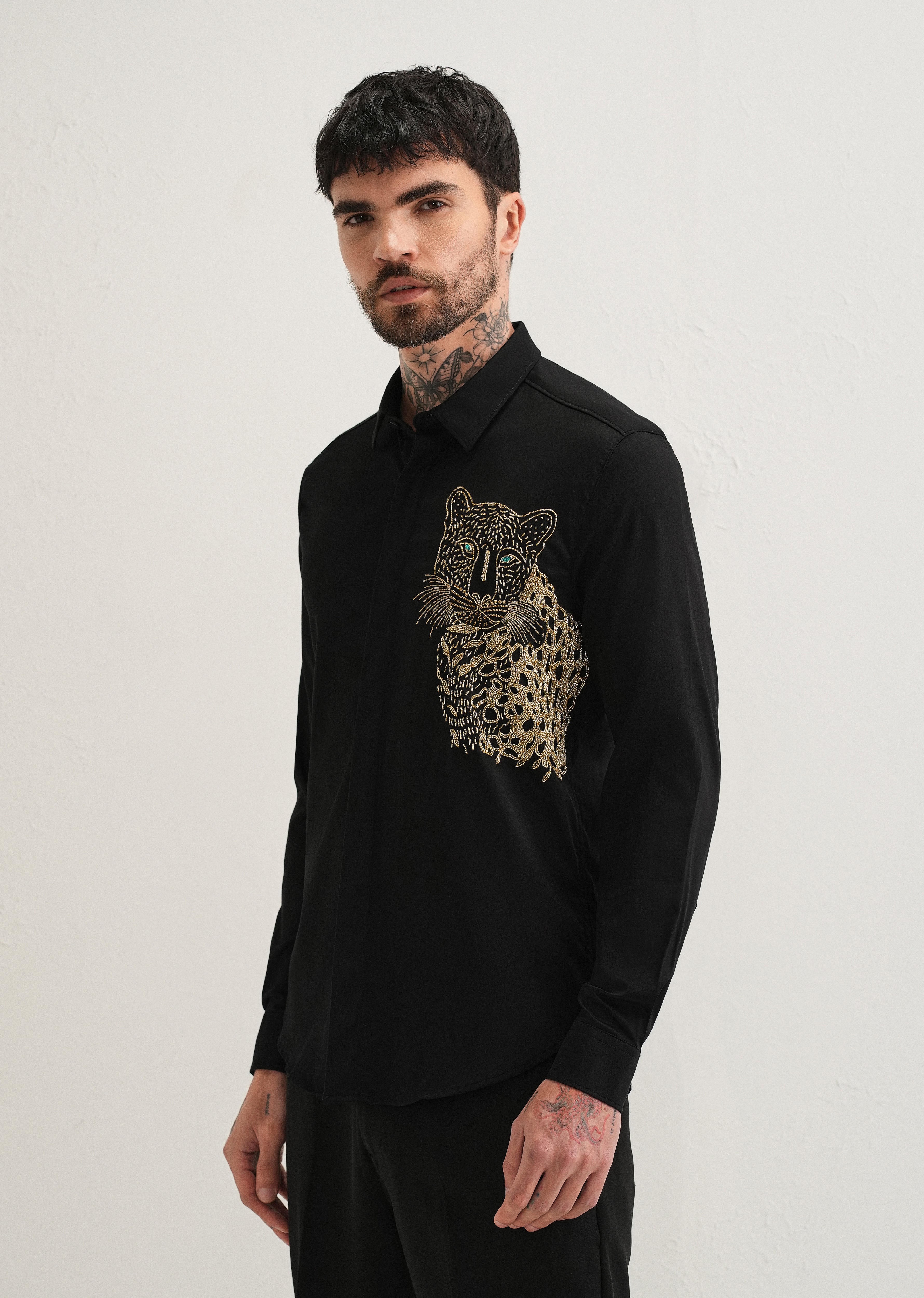 Black Cheetah Embellished Handwork Designer Shirt