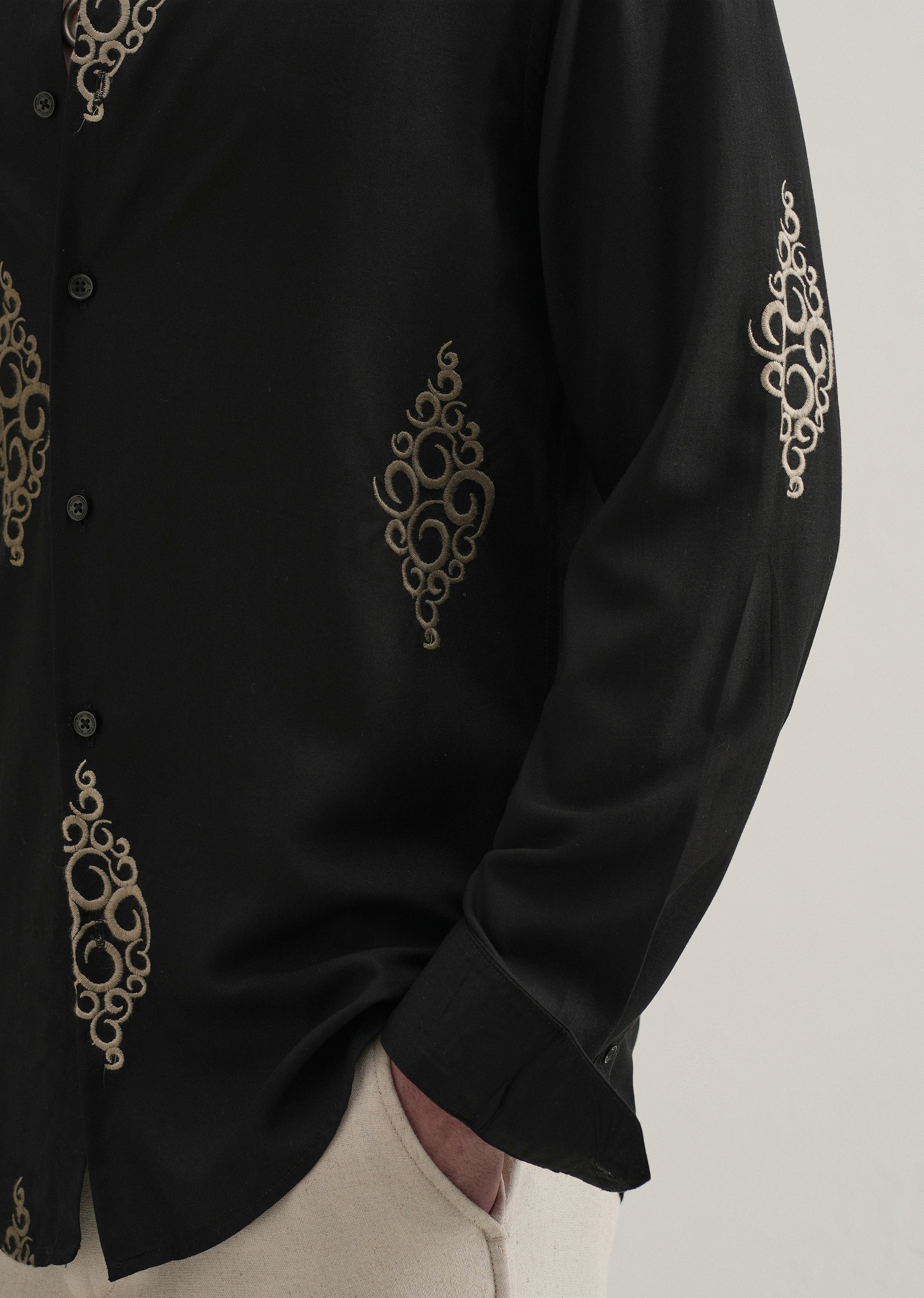 Black Circular Motif Embroidery Shirt