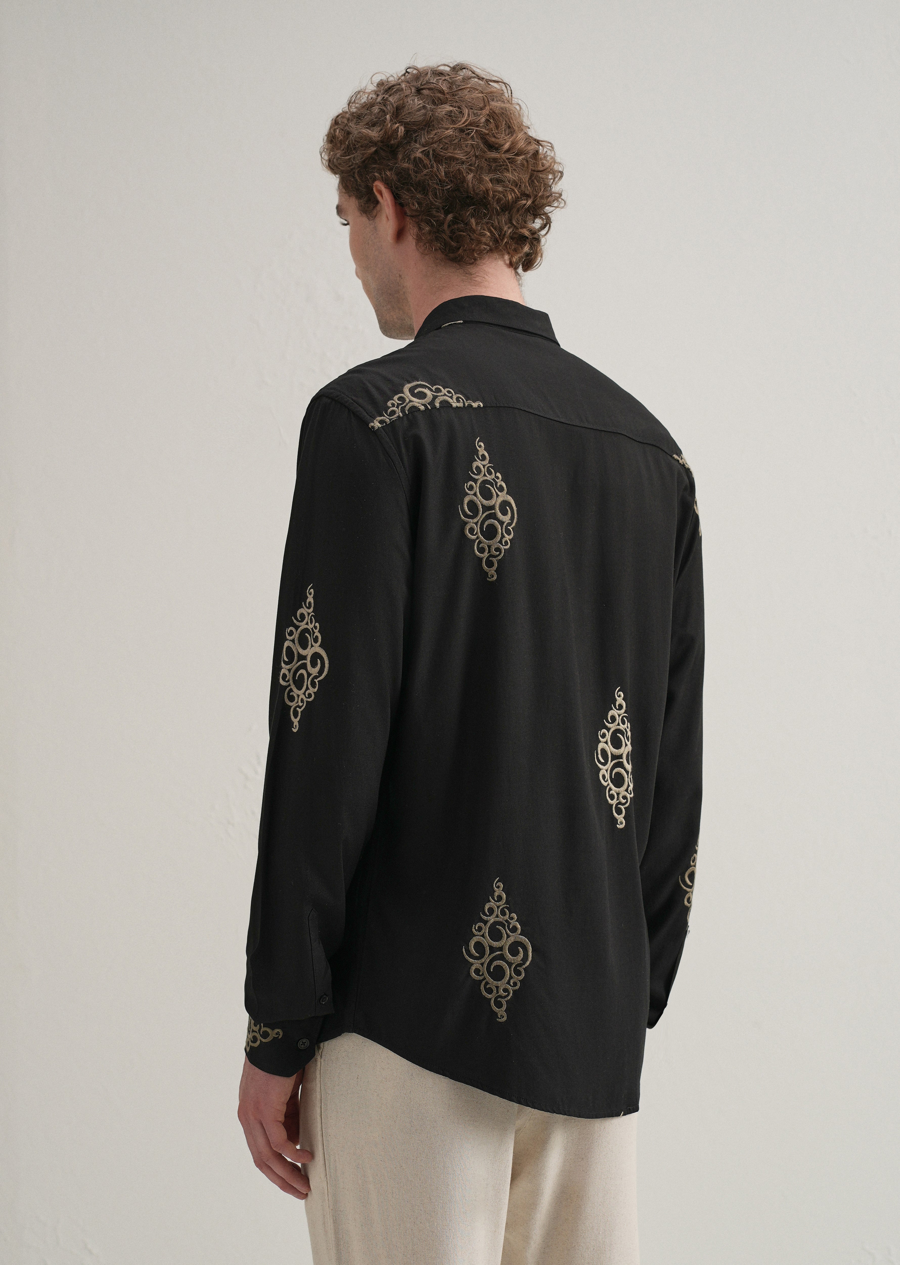 Black Circular Motif Embroidery Shirt