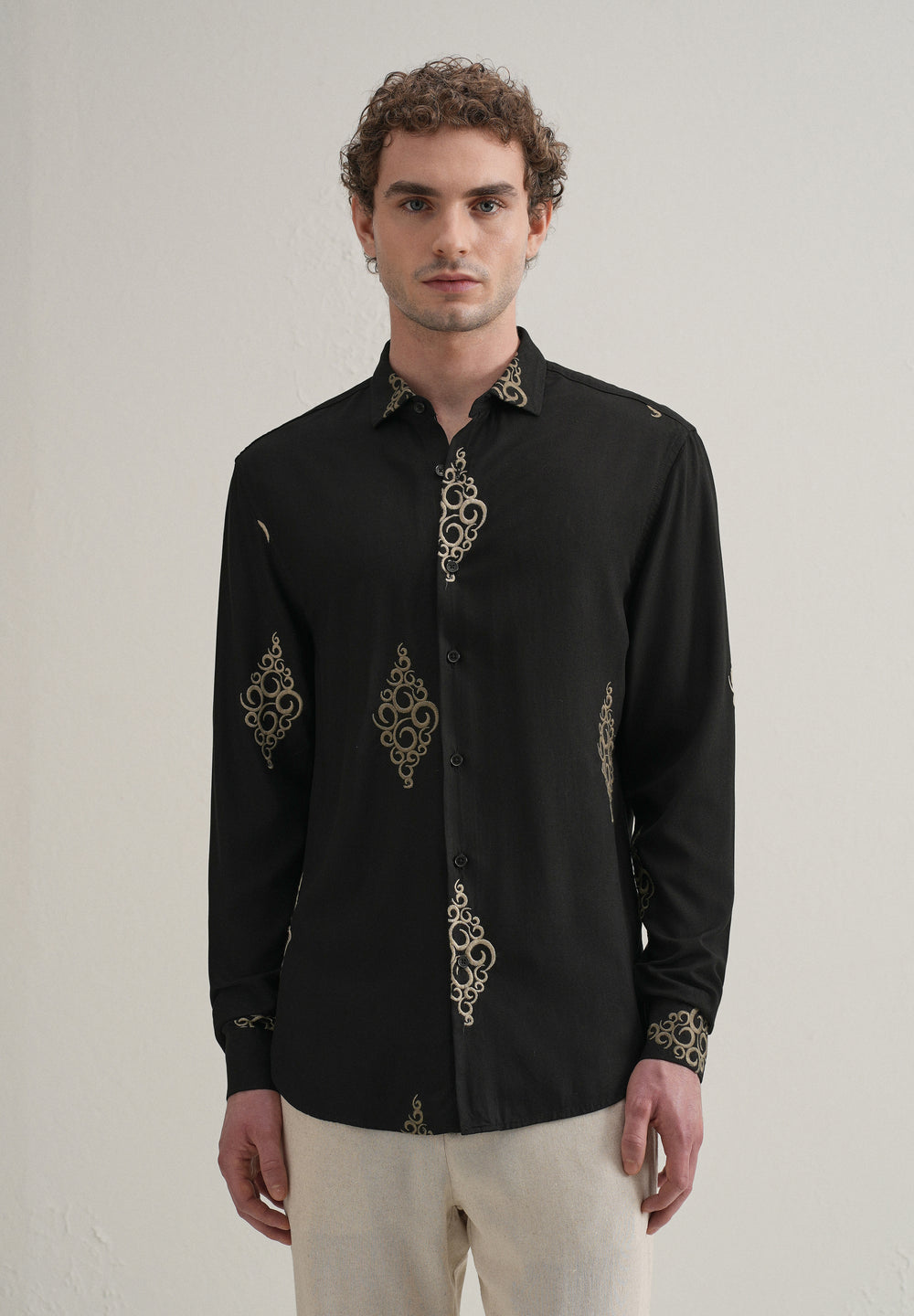Black Circular Motif Embroidery Shirt