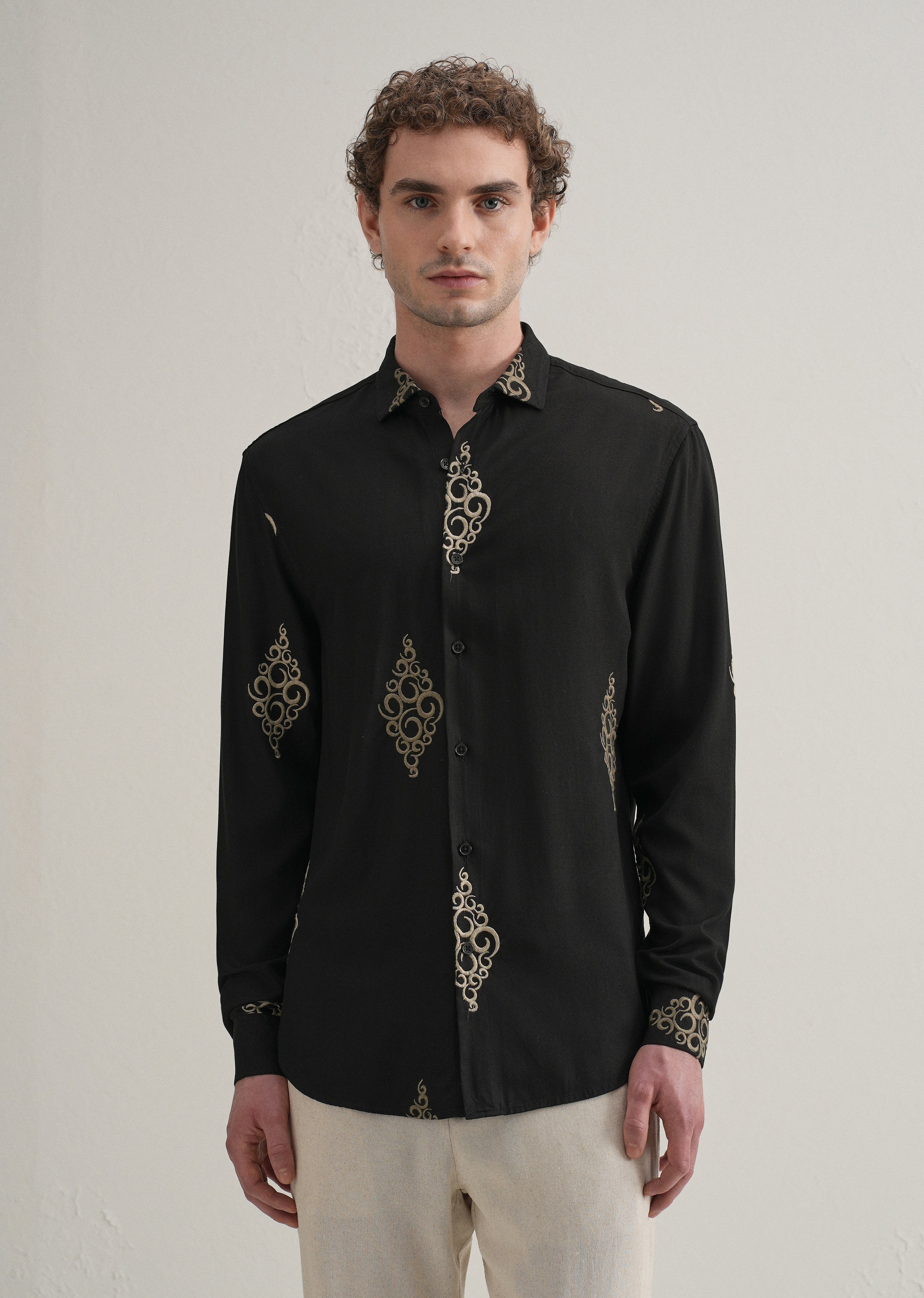 Black Circular Motif Embroidery Shirt