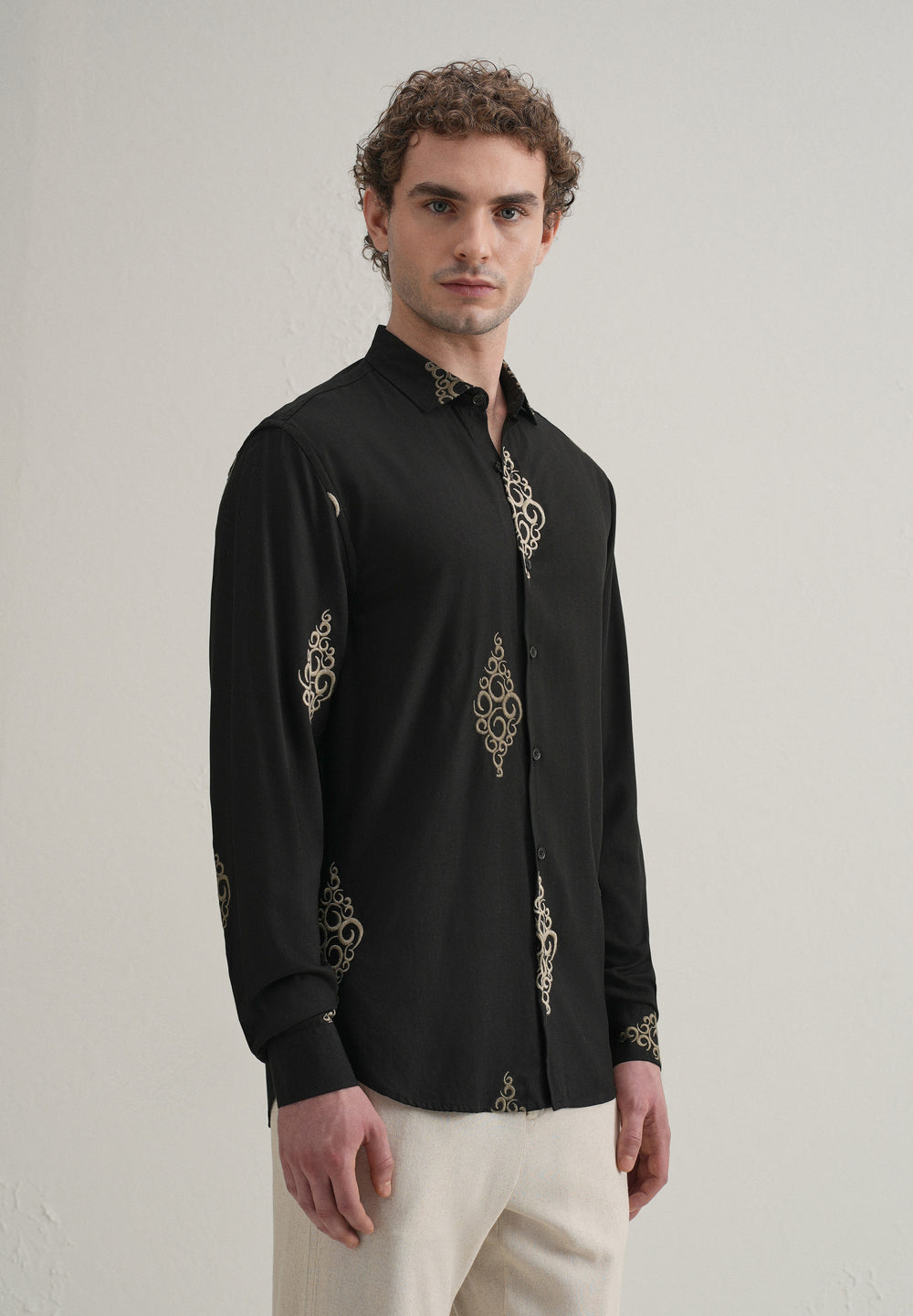 Black Circular Motif Embroidery Shirt