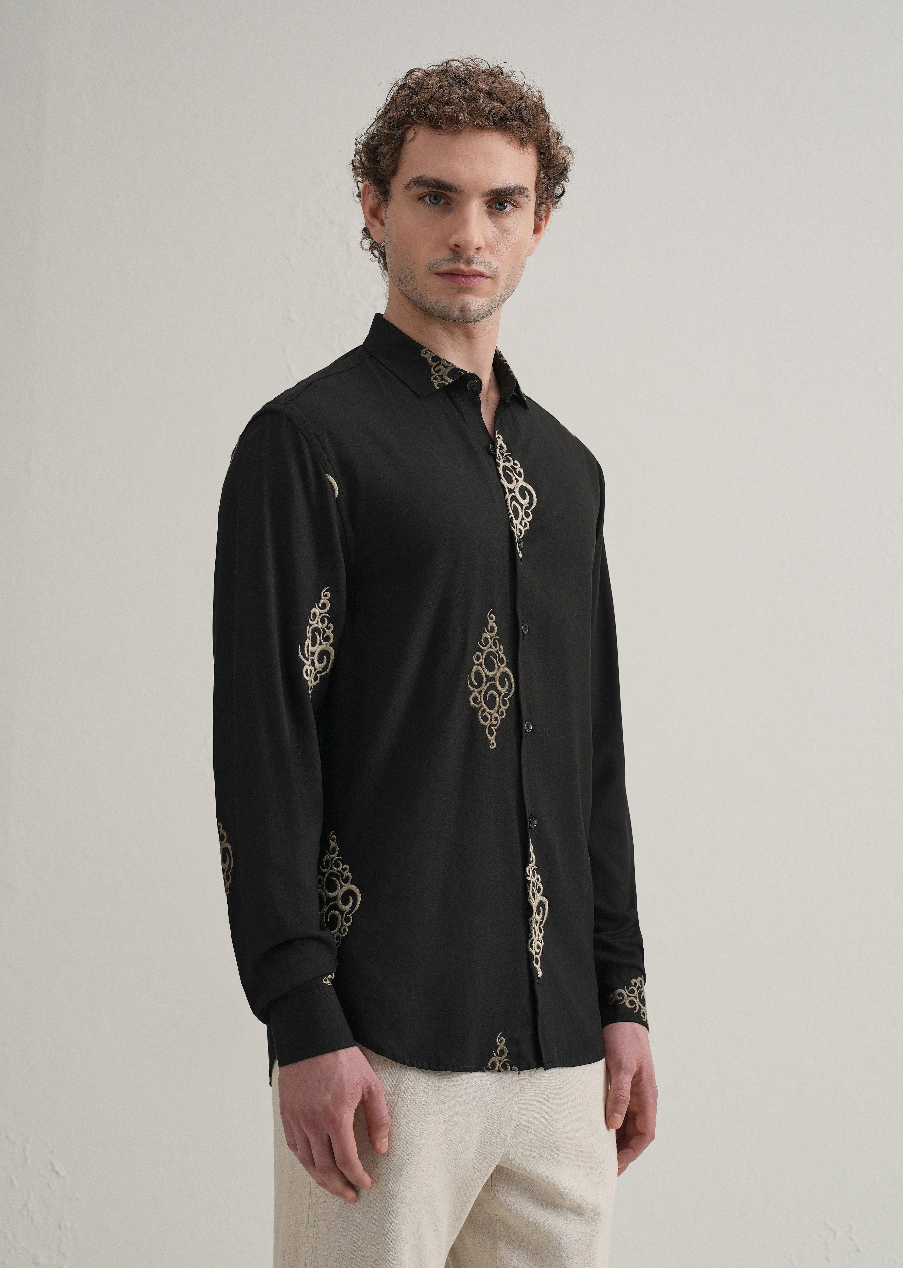 Black Circular Motif Embroidery Shirt