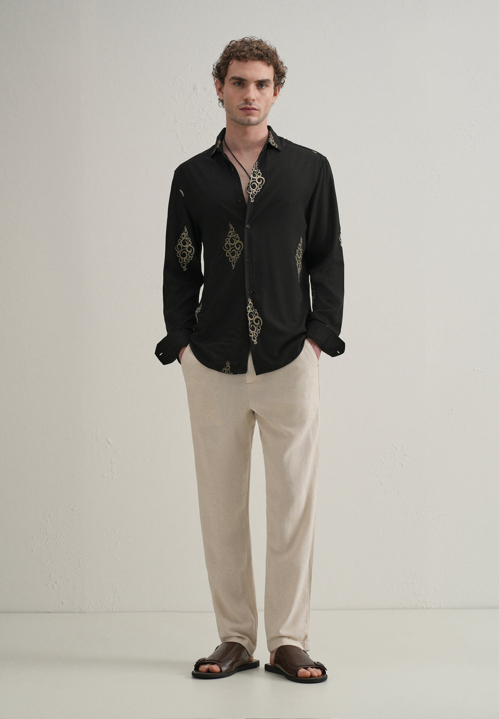 Black Circular Motif Embroidery Shirt