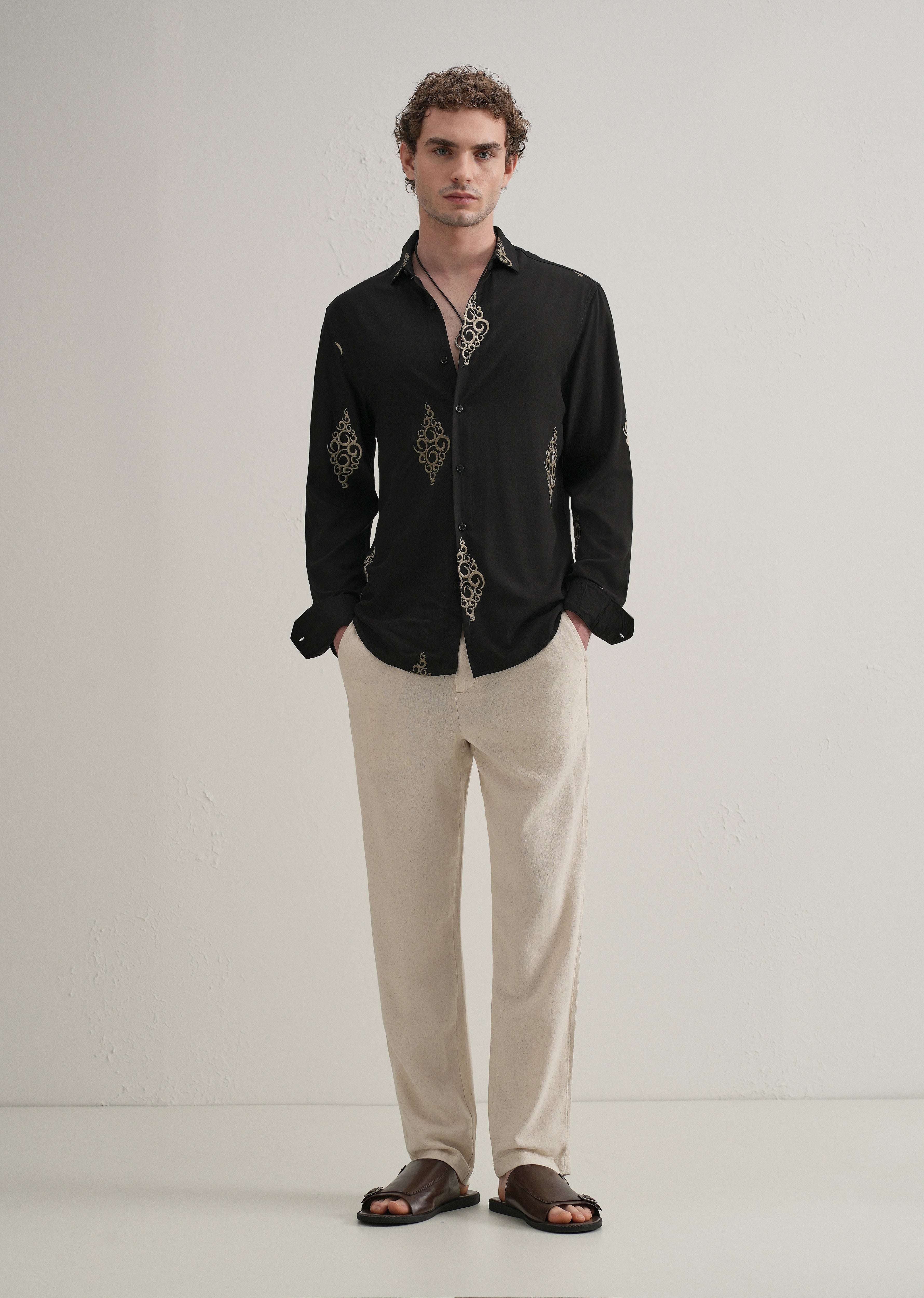 Black Circular Motif Embroidery Shirt