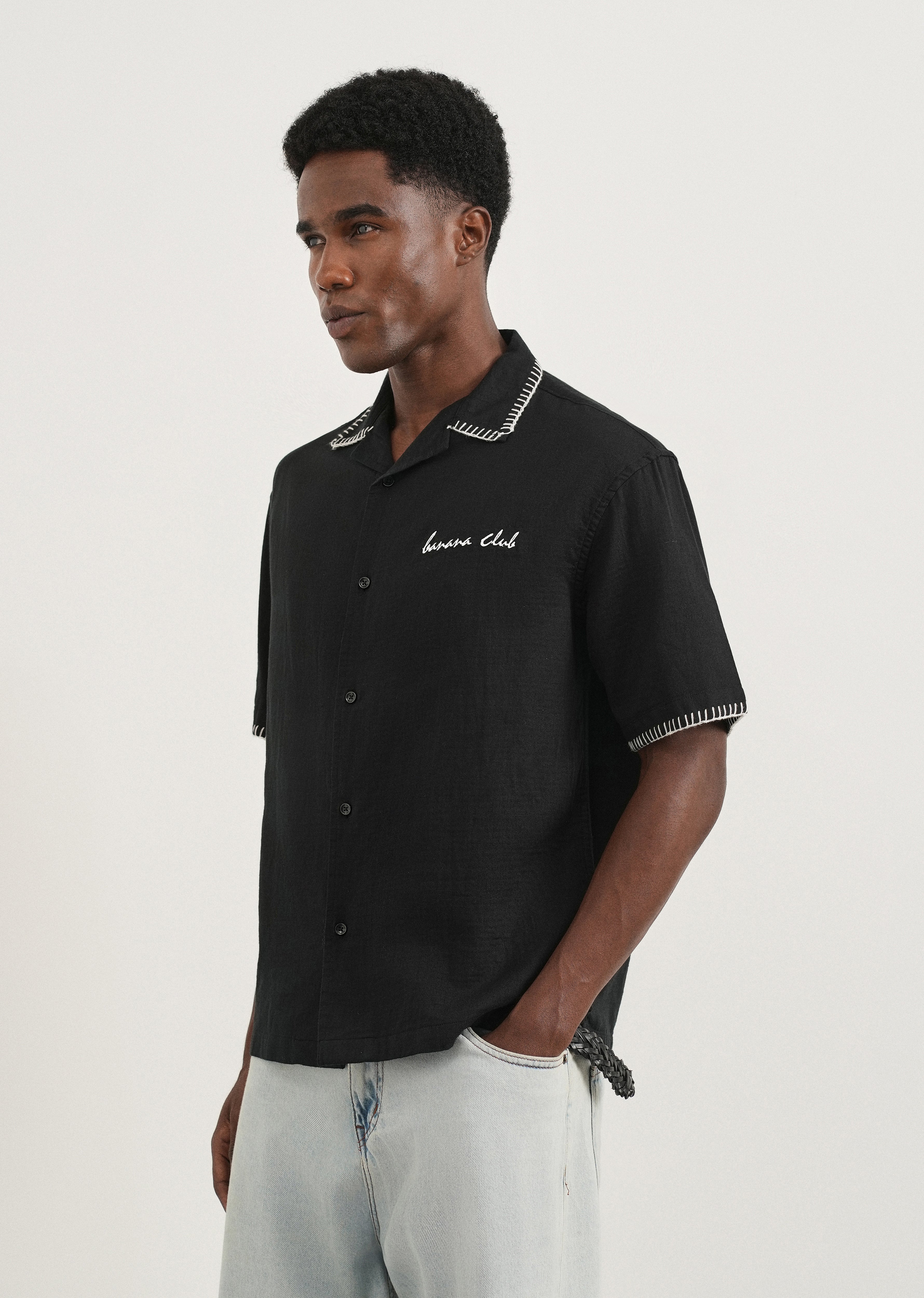 Black Contrast Embroidered Cotton Shirt