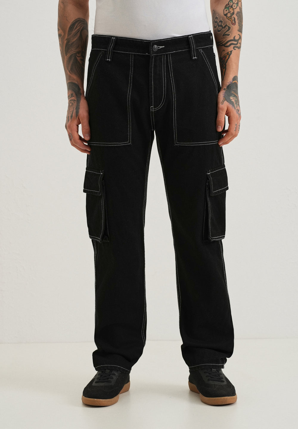 Black Contrast Stitched Denim Cargo