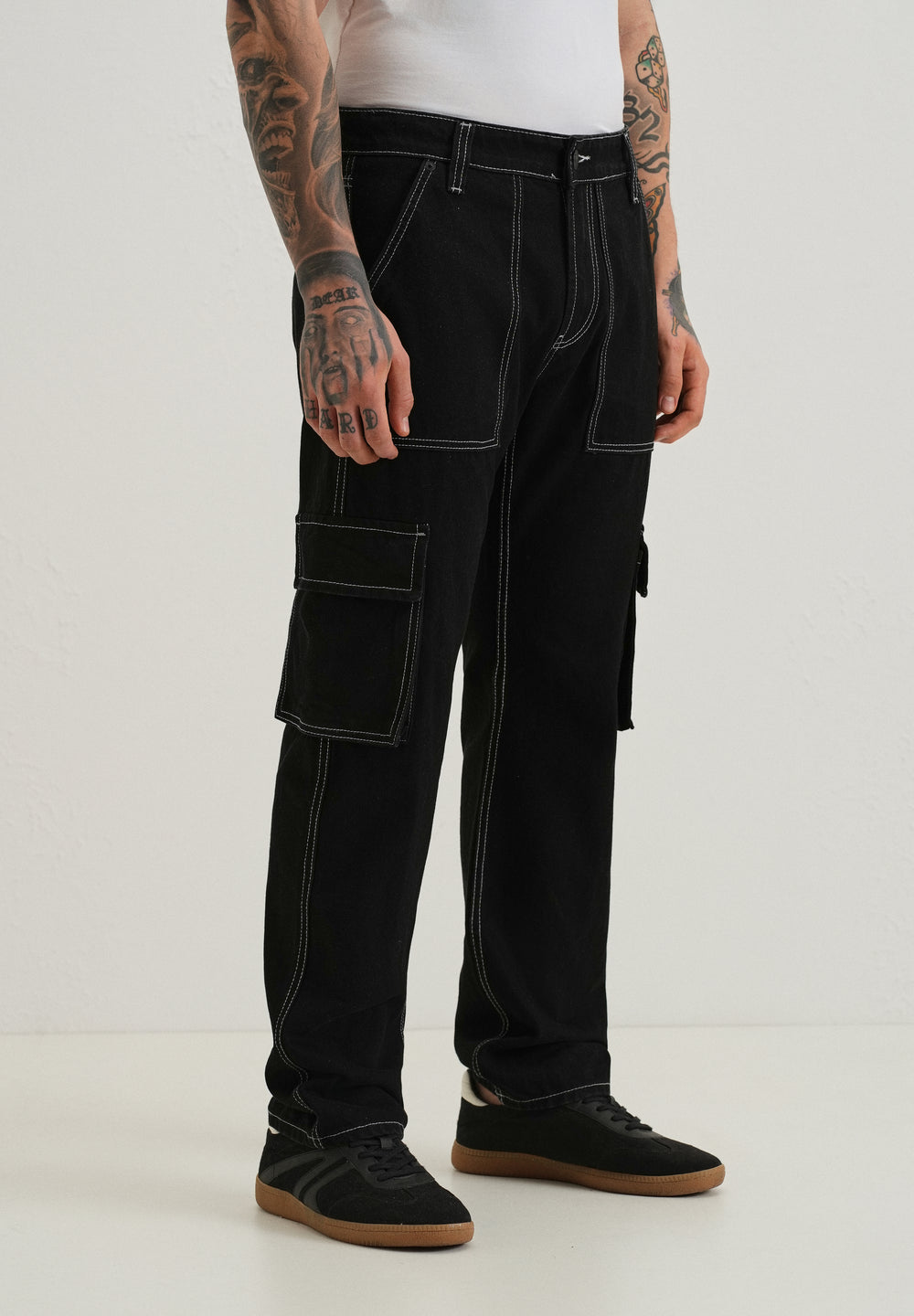 Black Contrast Stitched Denim Cargo