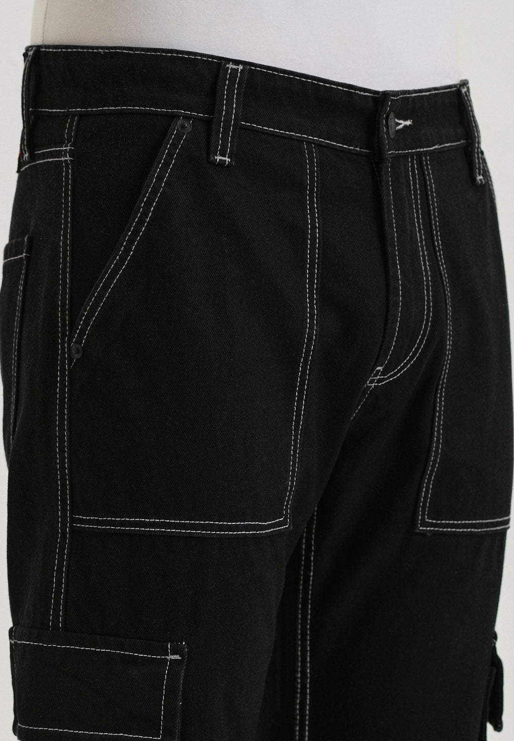 Black Contrast Stitched Denim Cargo