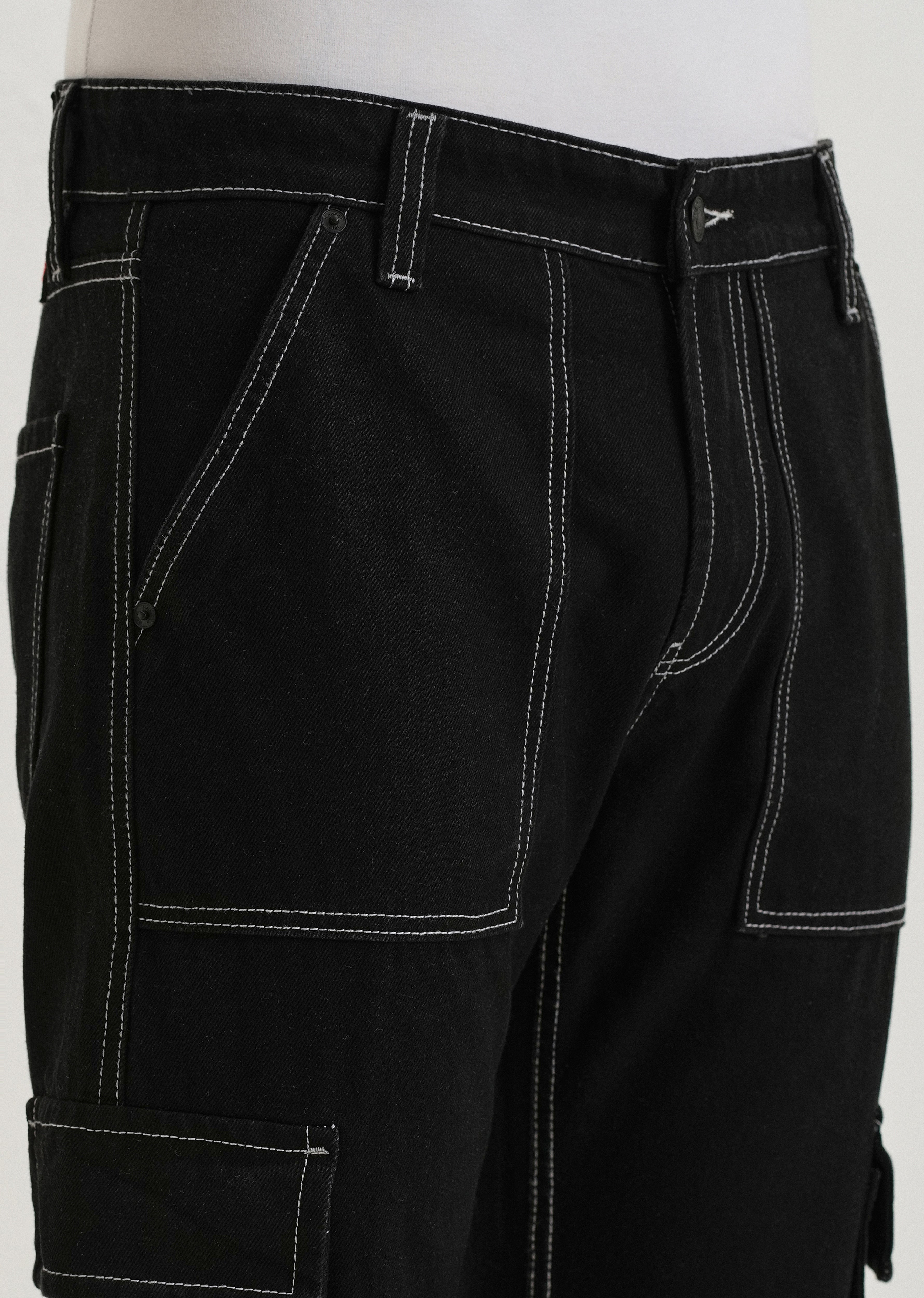 Black Contrast Stitched Denim Cargo