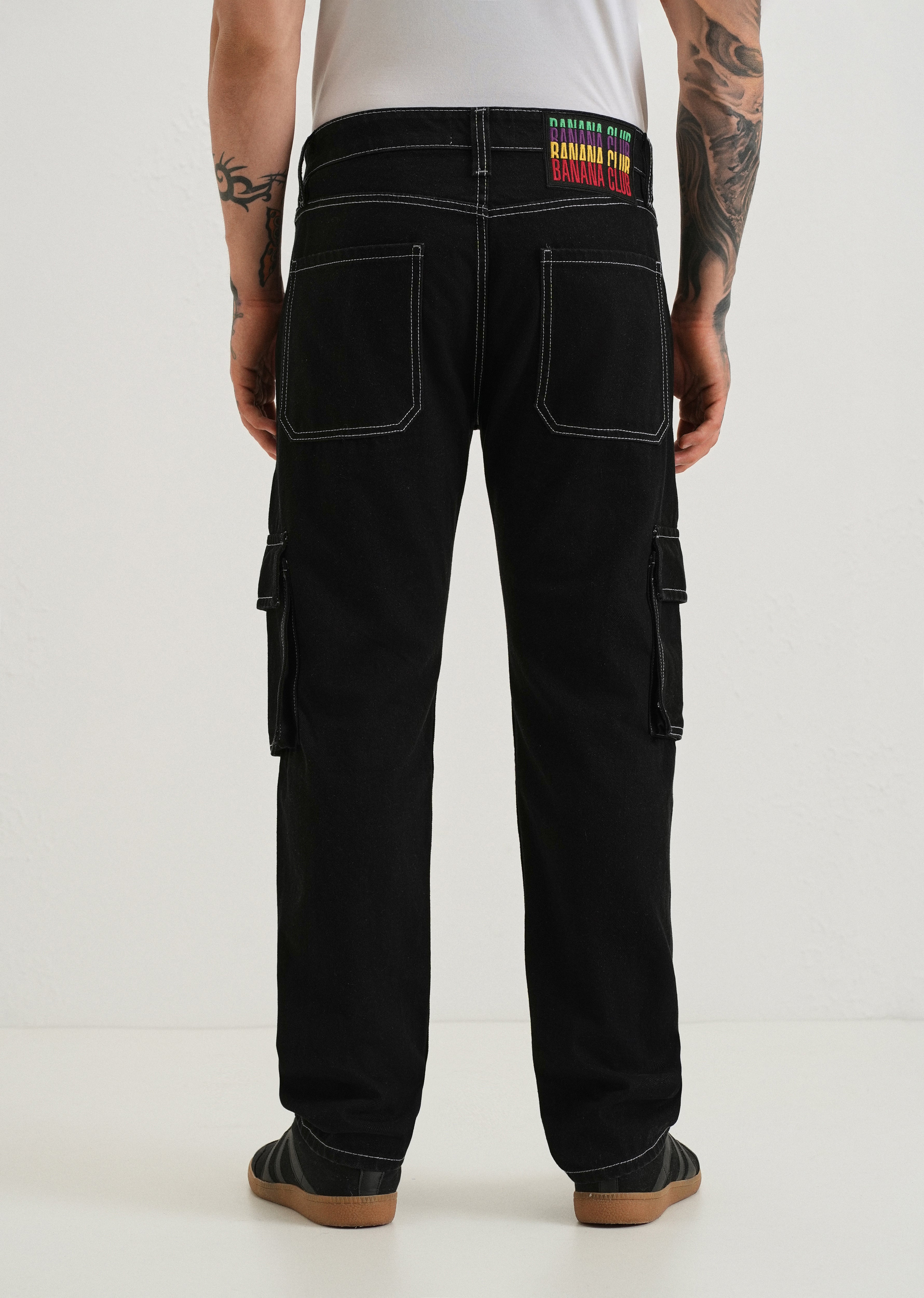 Black Contrast Stitched Denim Cargo