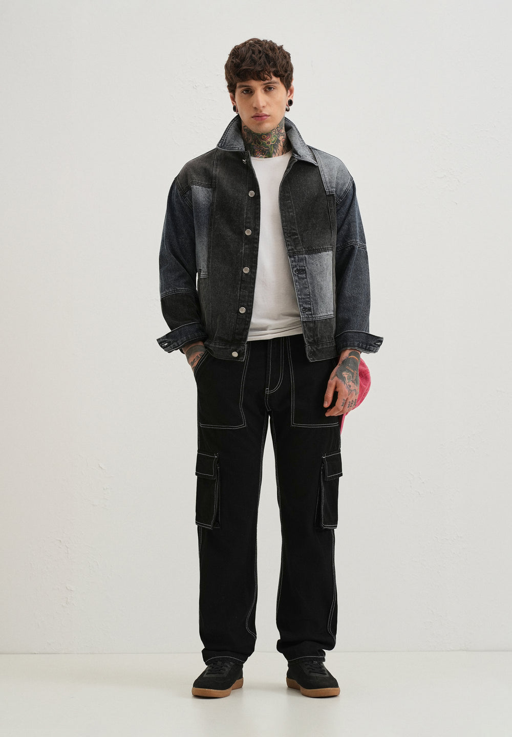 Black Contrast Stitched Denim Cargo