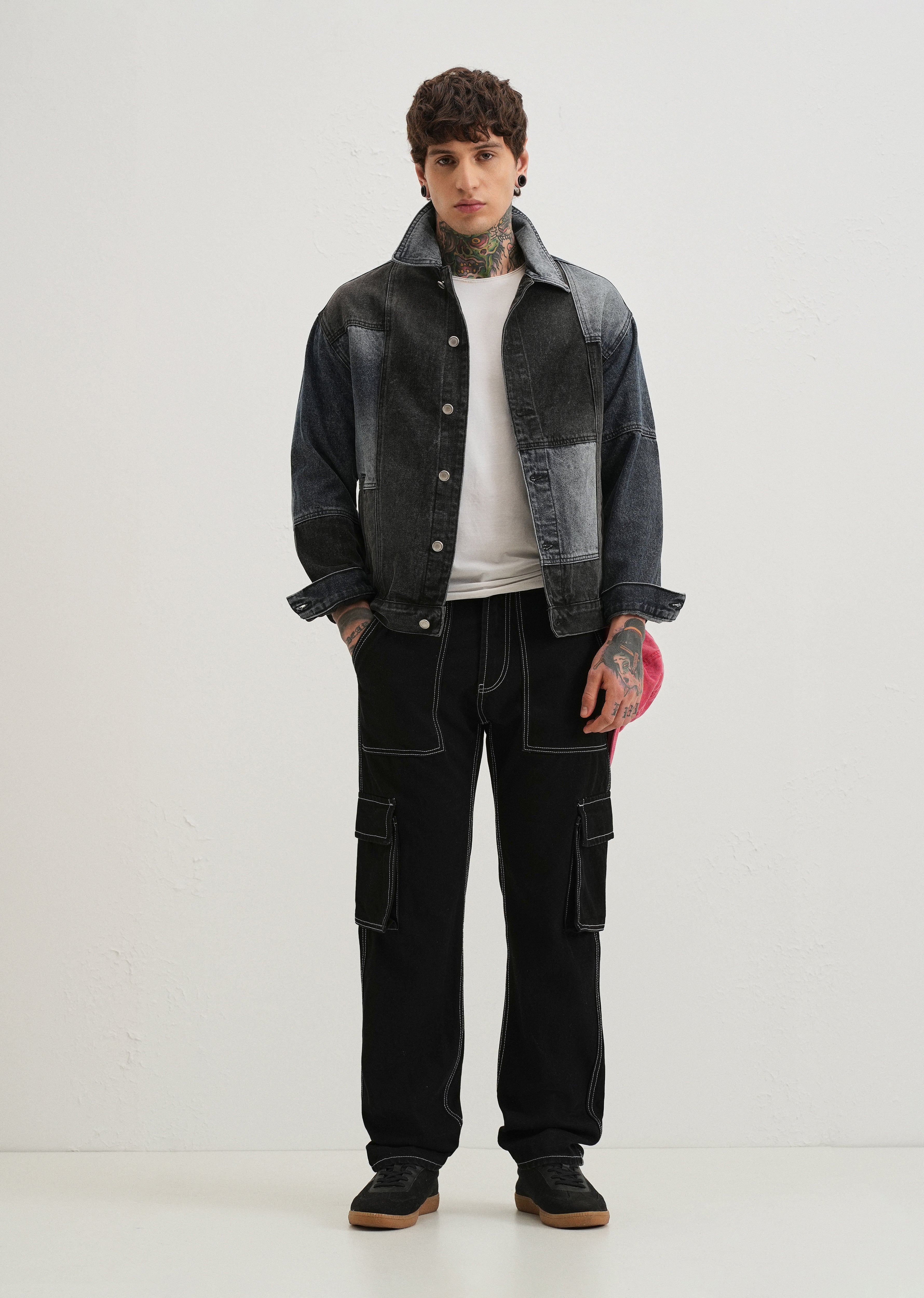 Black Contrast Stitched Denim Cargo