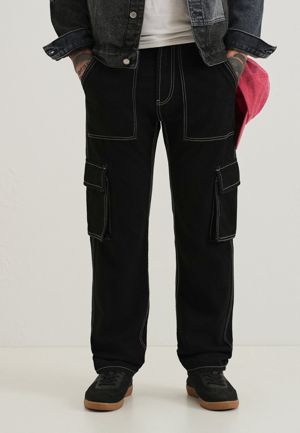 Black Contrast Stitched Denim Cargo