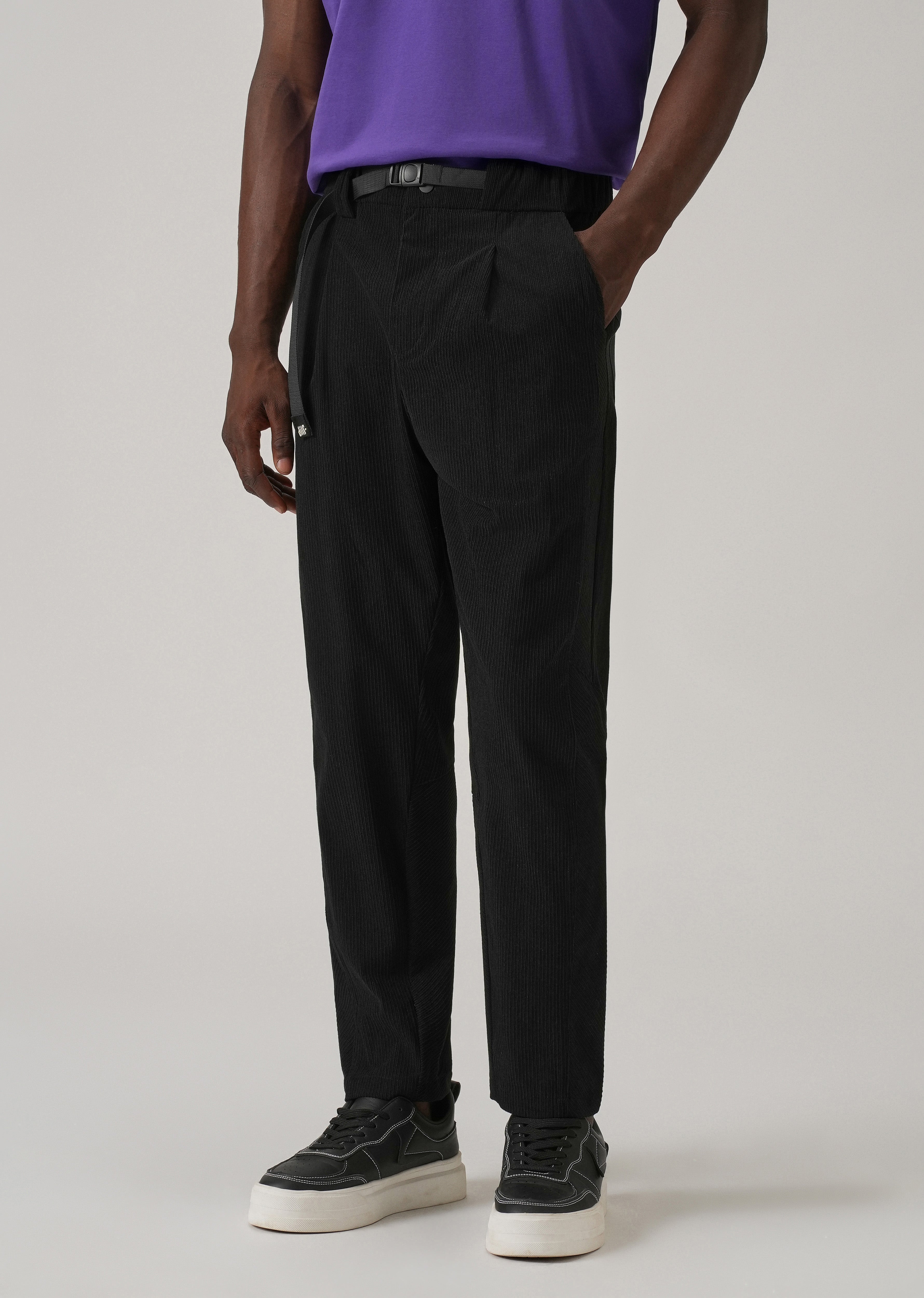 Black Corduroy Belted Pant