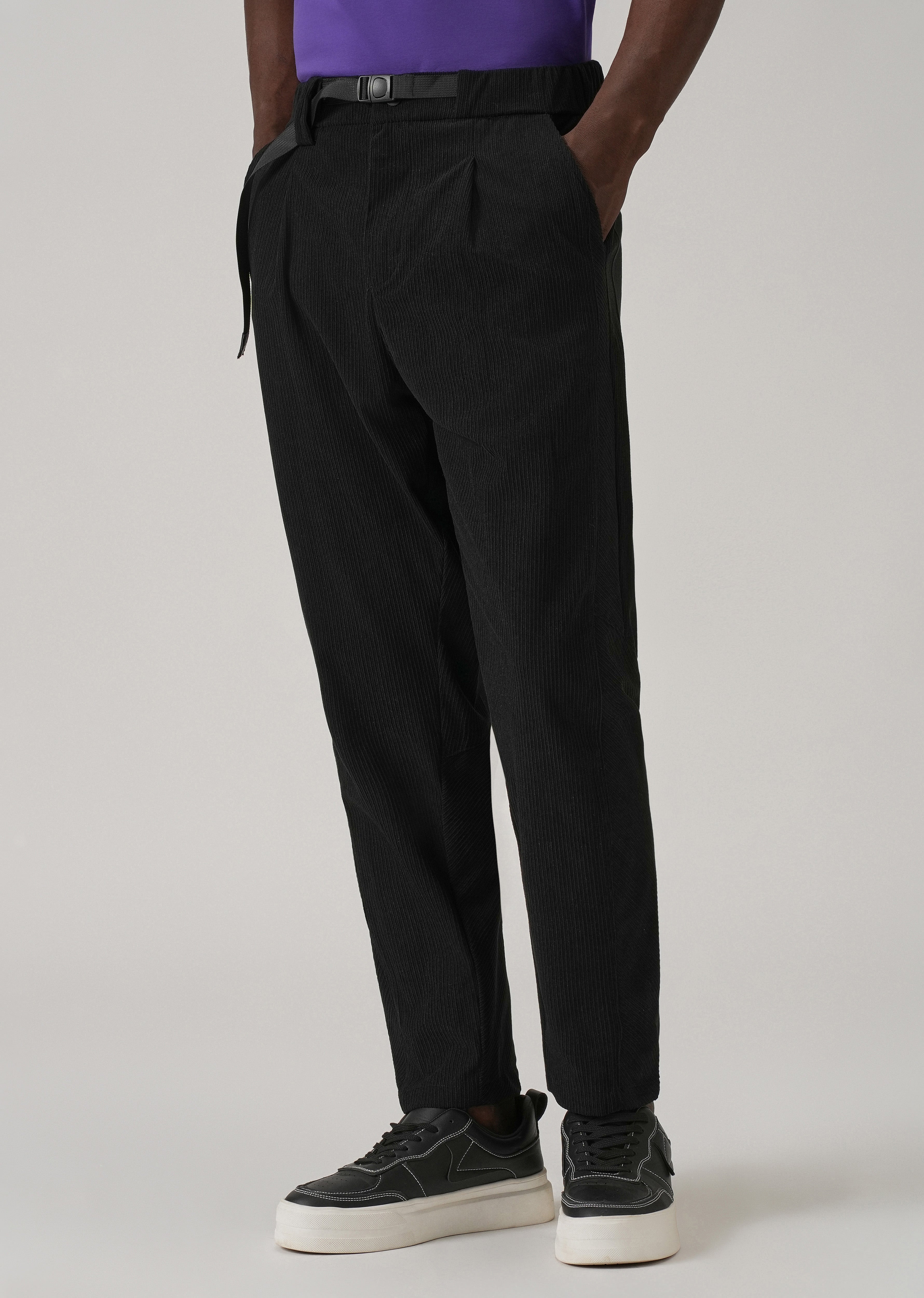 Black Corduroy Belted Pant