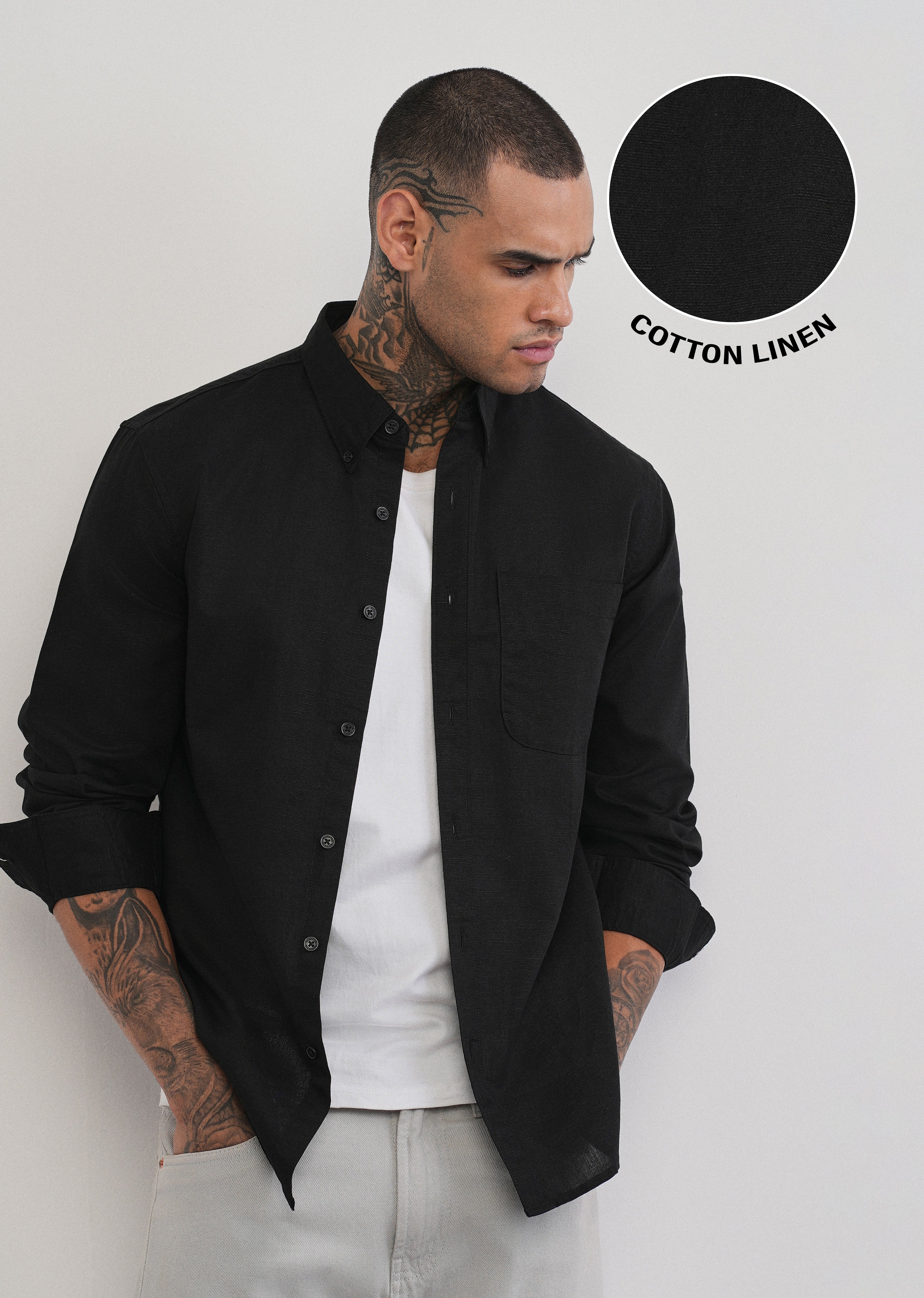 Black Cotton Linen Plain Shirt