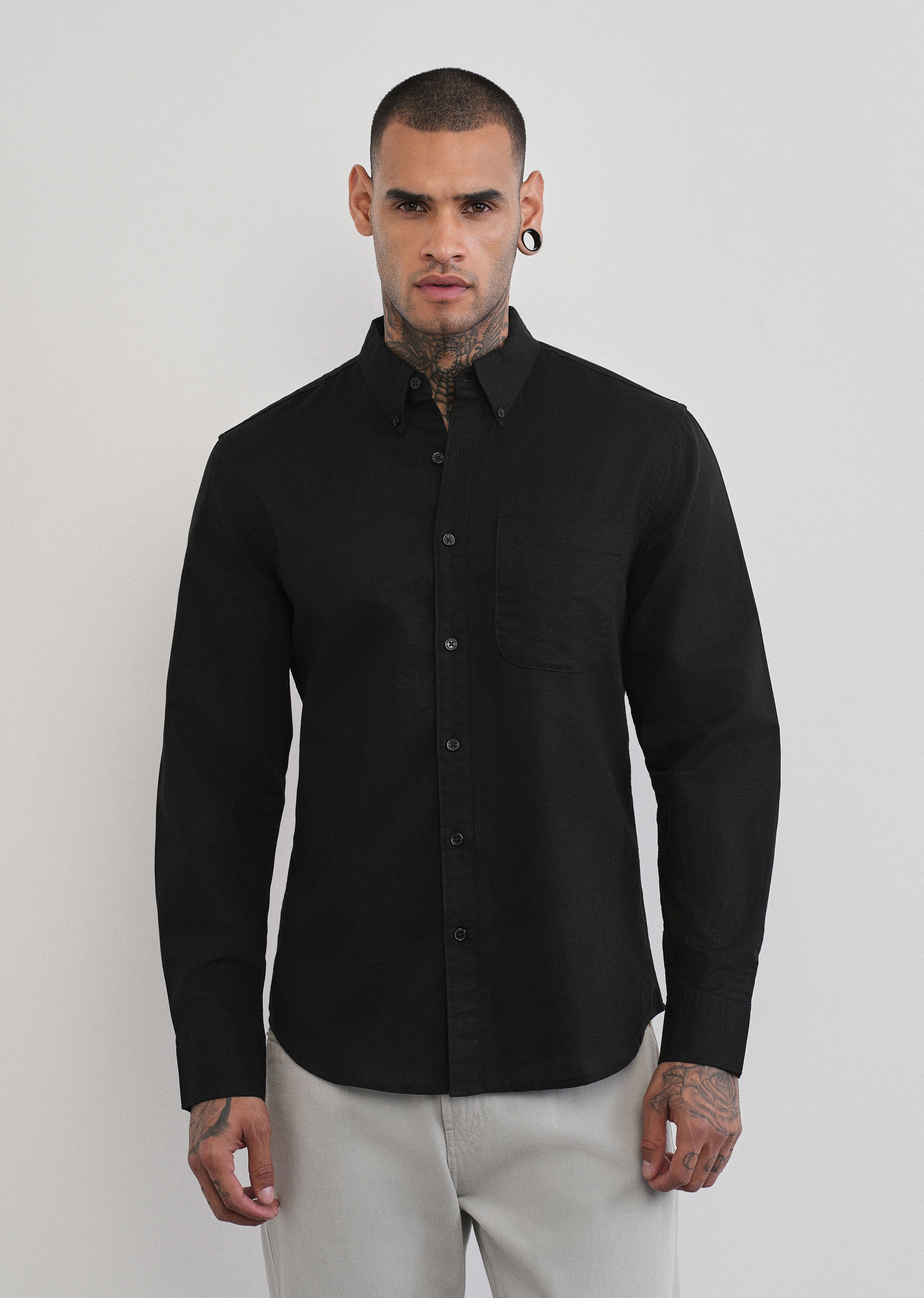 Black Cotton Linen Plain Shirt