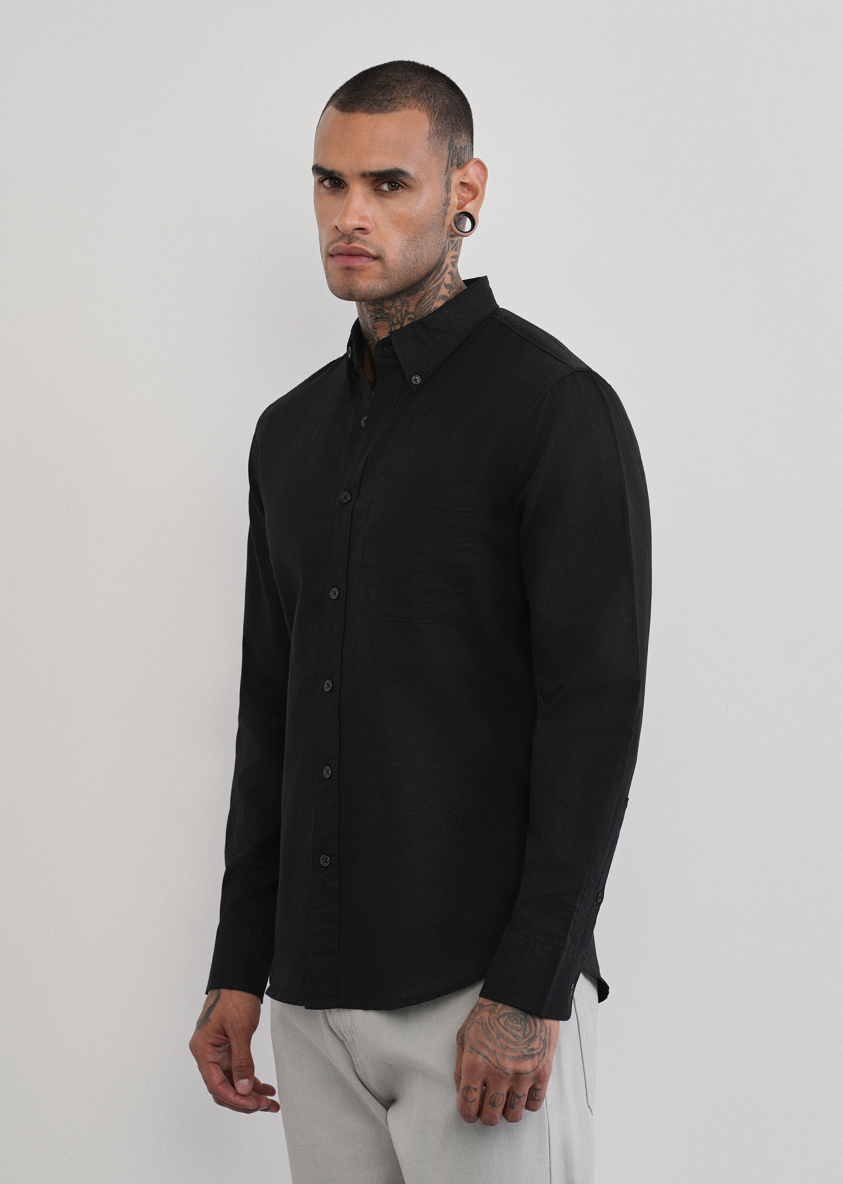 Black Cotton Linen Plain Shirt