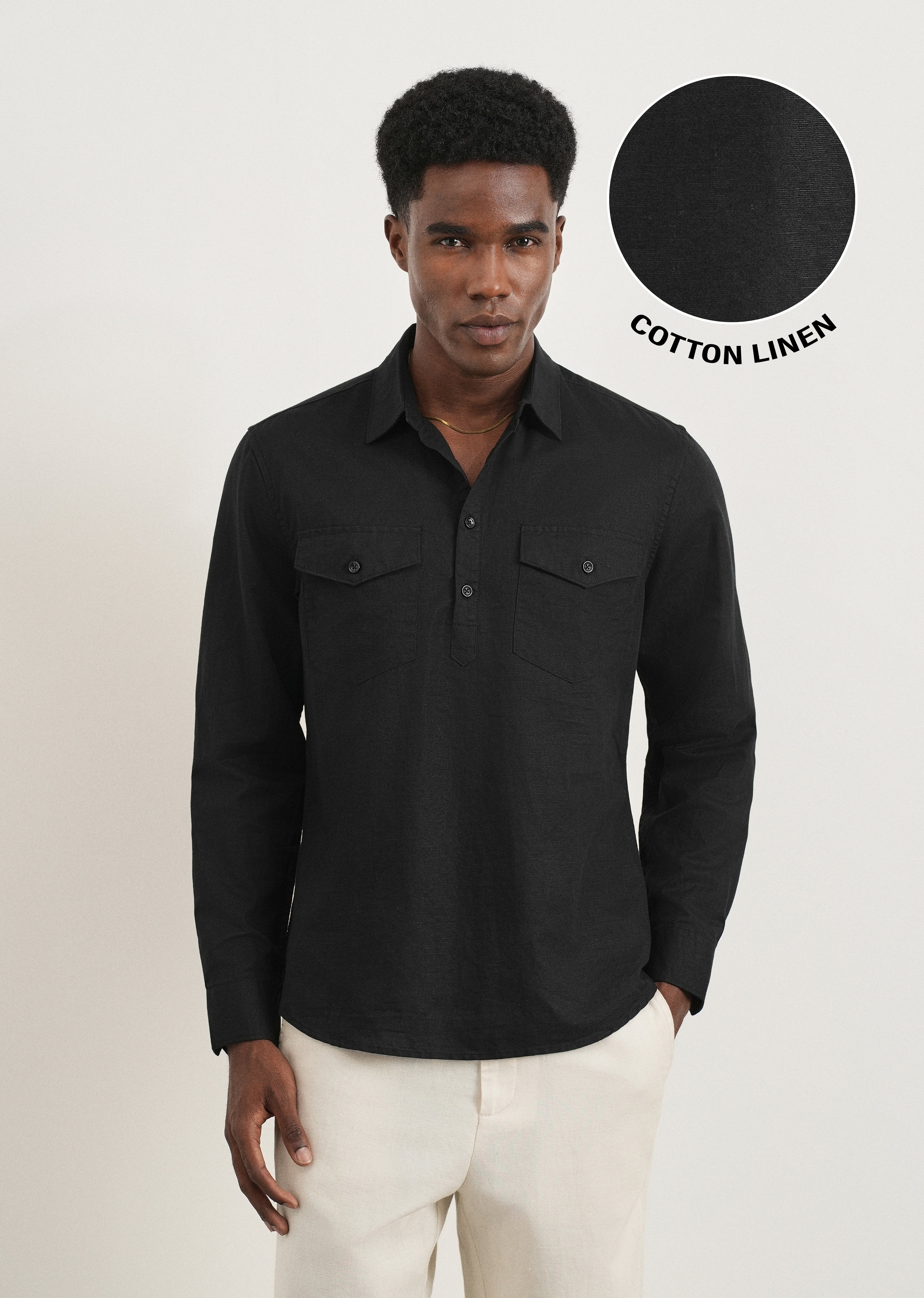 Black Cotton Linen Short Kurta