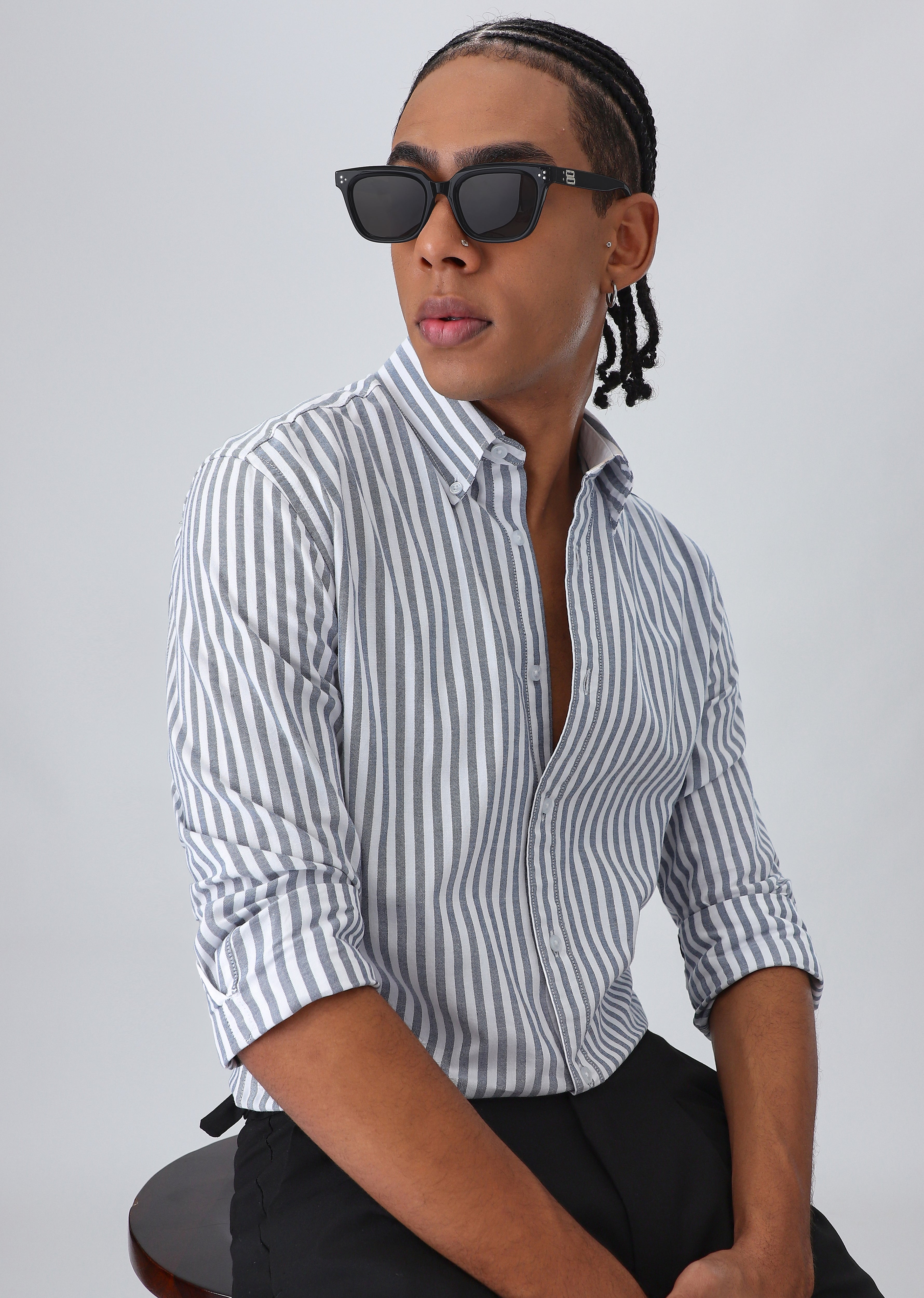 Black Cotton Oxford Stripe Shirt