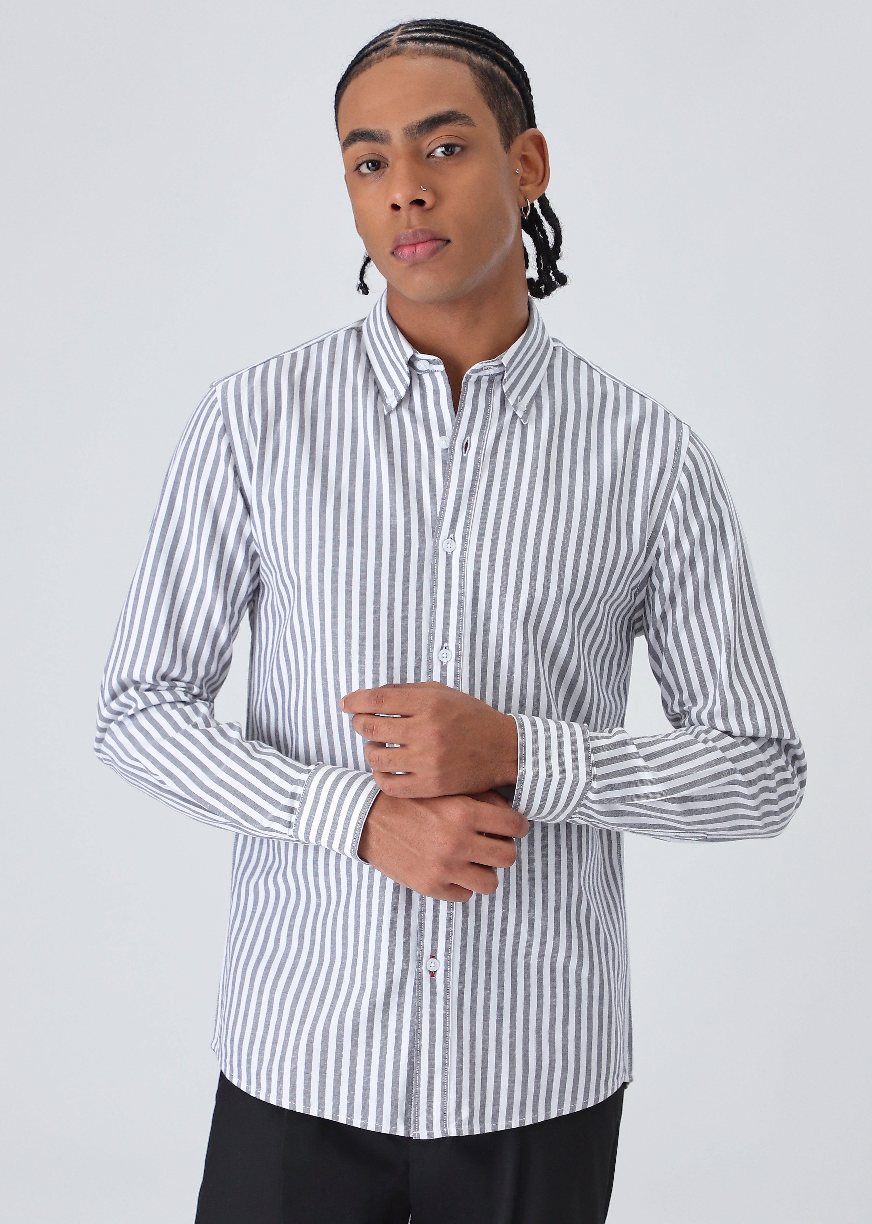 Black Cotton Oxford Stripe Shirt