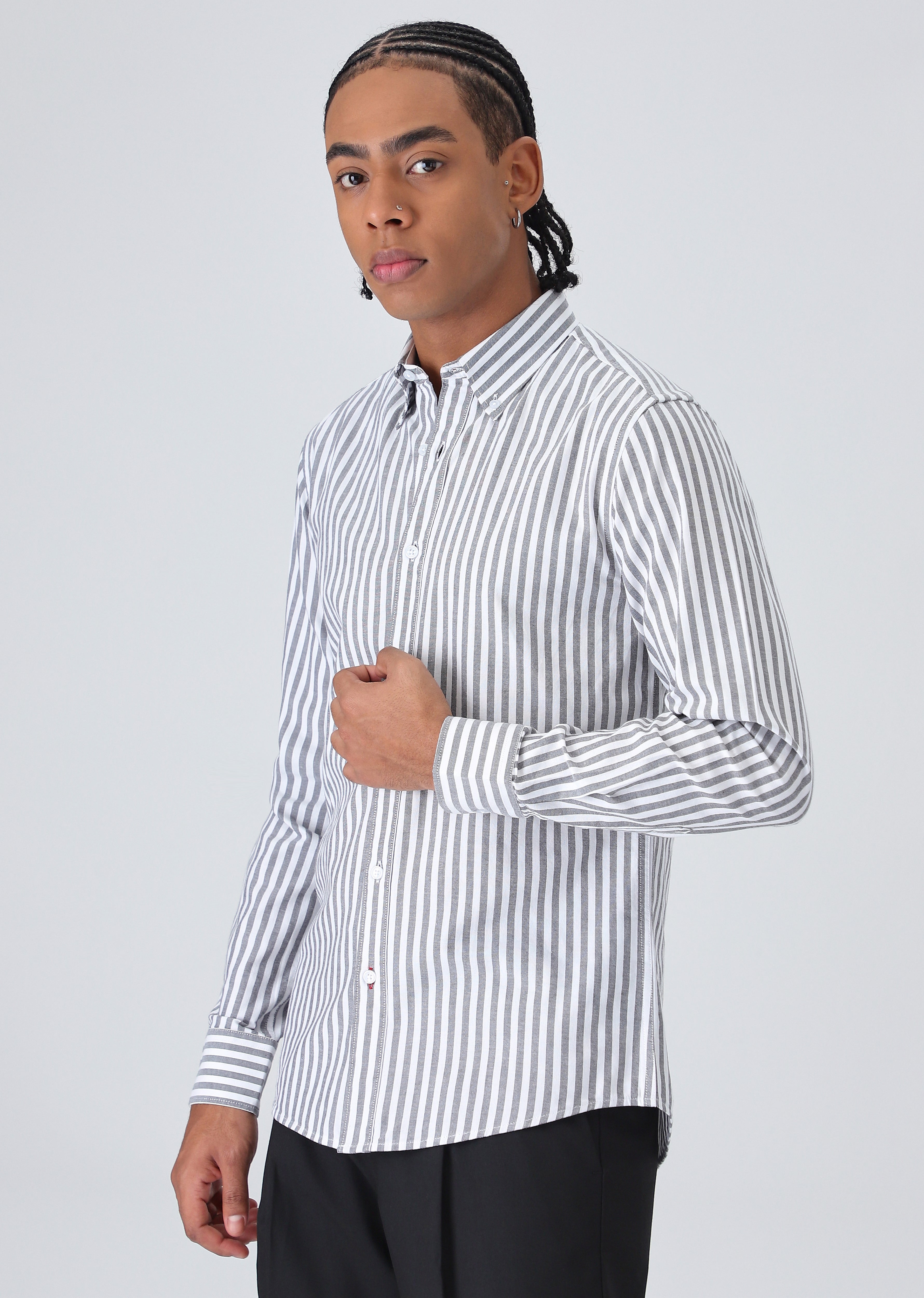 Black Cotton Oxford Stripe Shirt