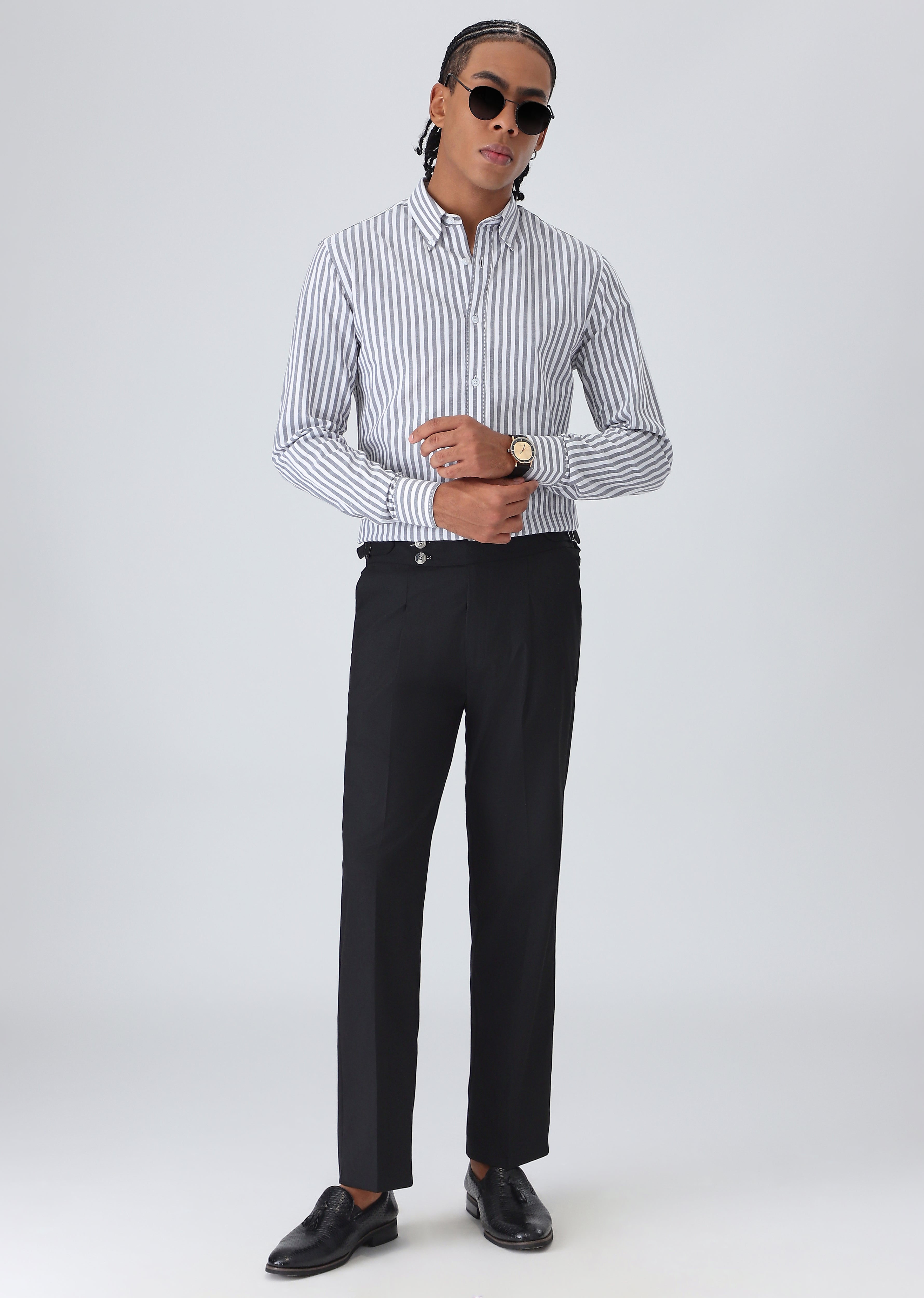 Black Cotton Oxford Stripe Shirt