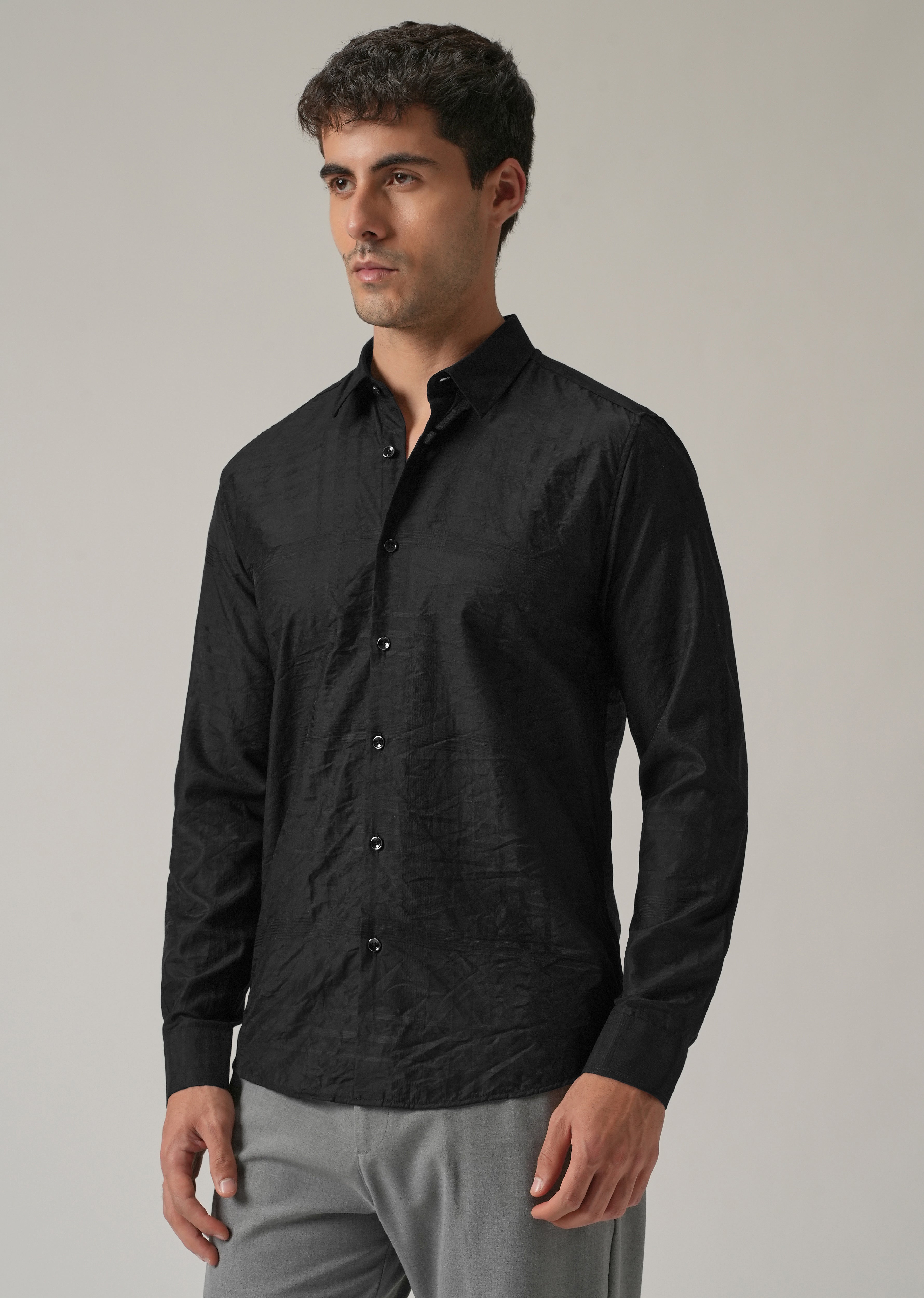 Black Crinkled Self Stripe Shirt