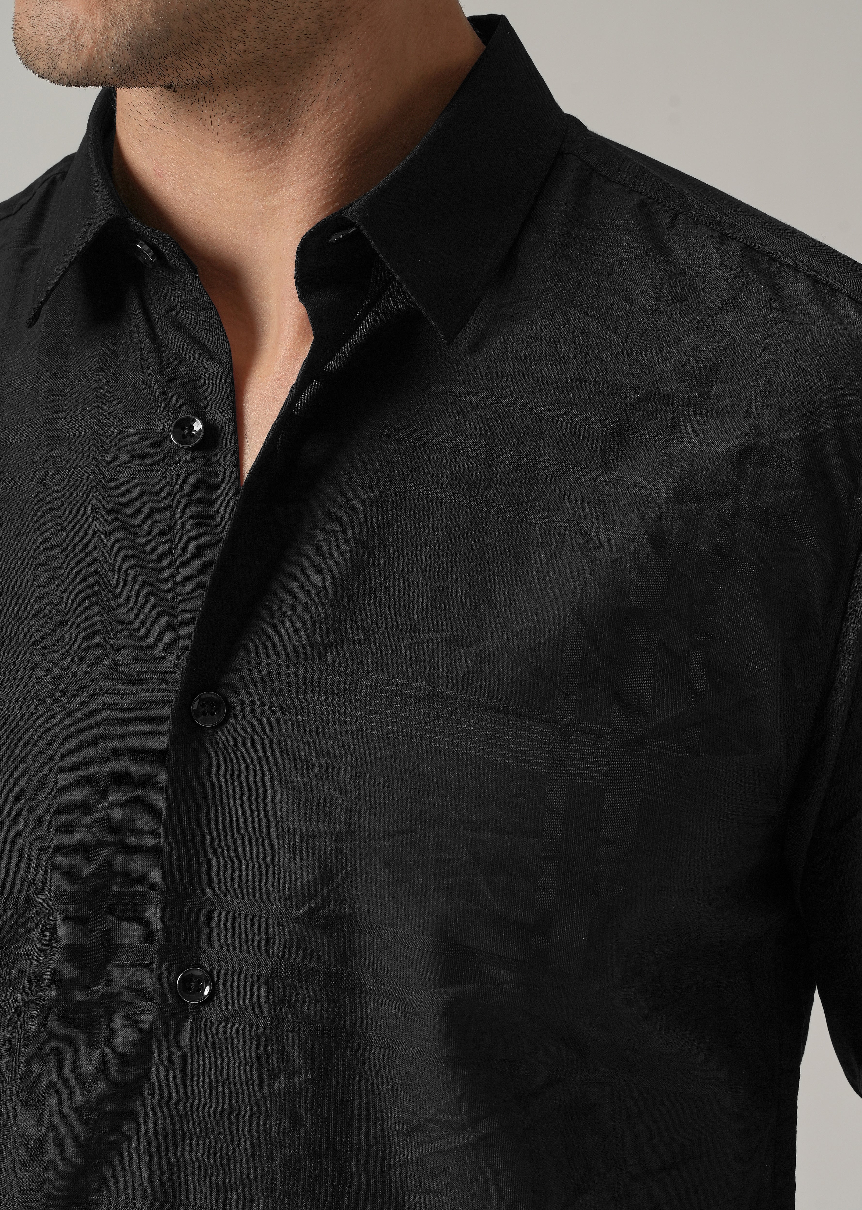 Black Crinkled Self Stripe Shirt