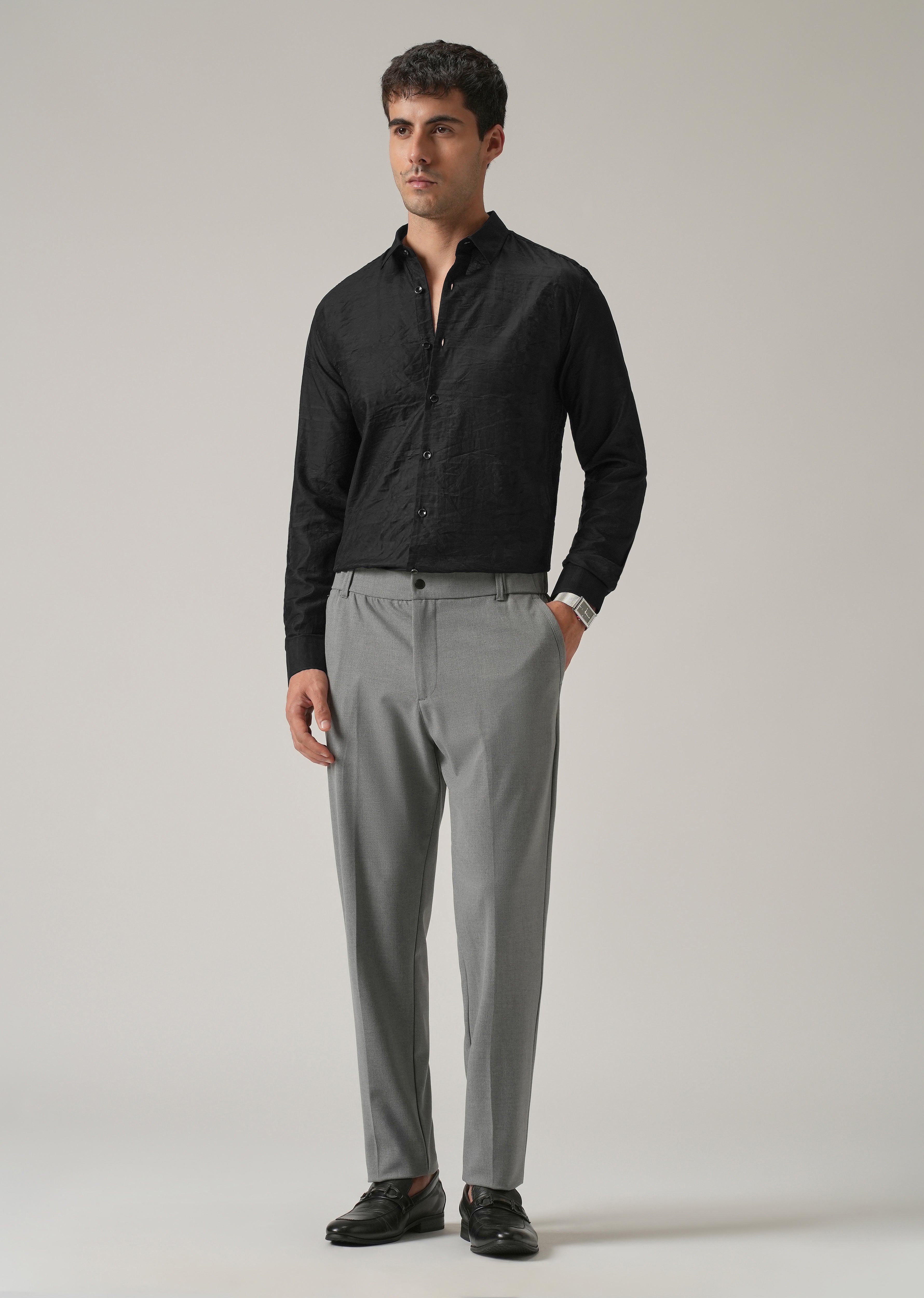 Black Crinkled Self Stripe Shirt