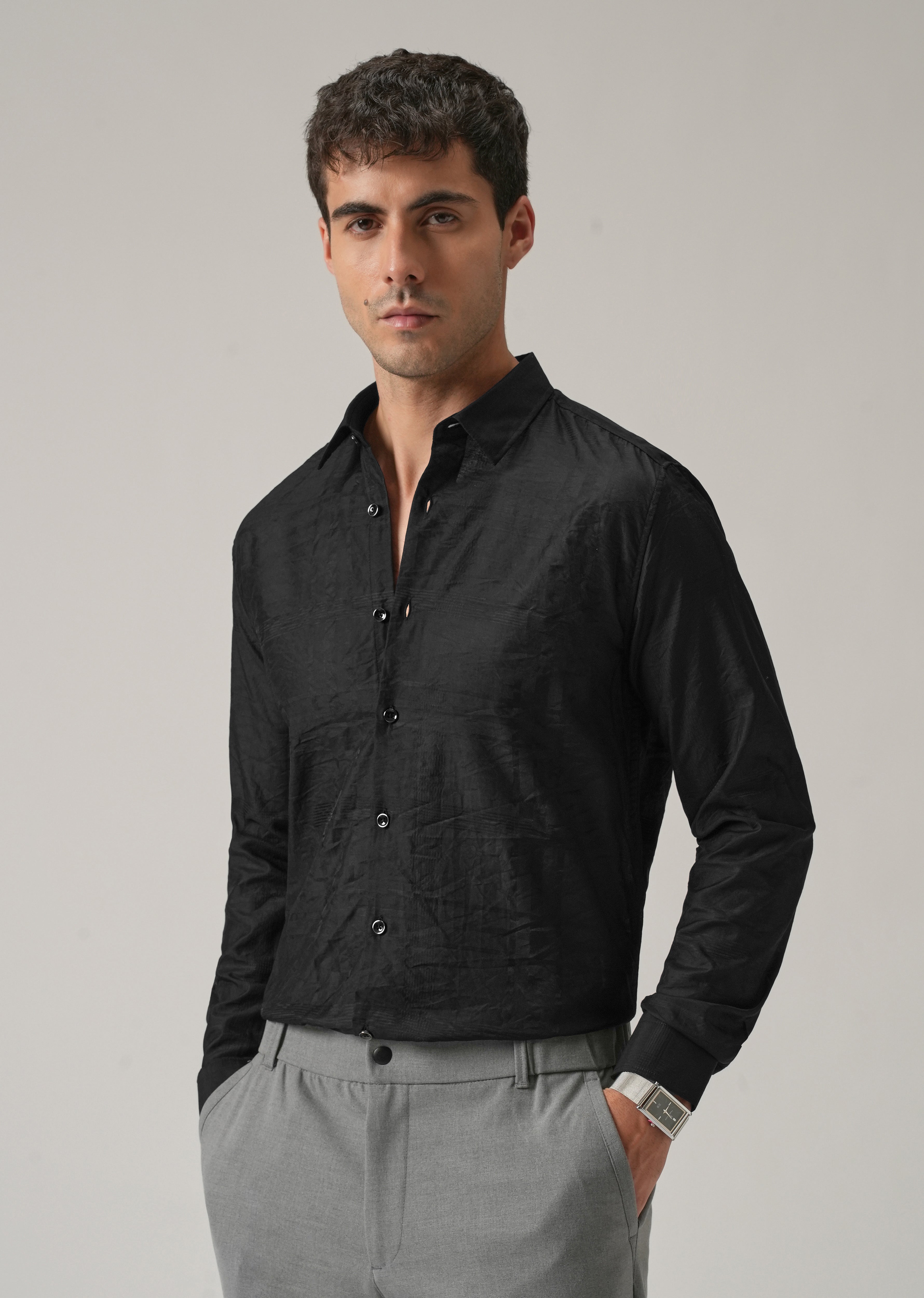 Black Crinkled Self Stripe Shirt