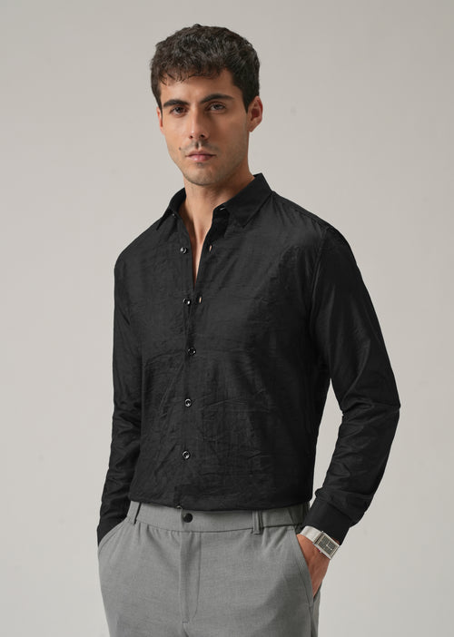 Black Crinkled Self Stripe Shirt