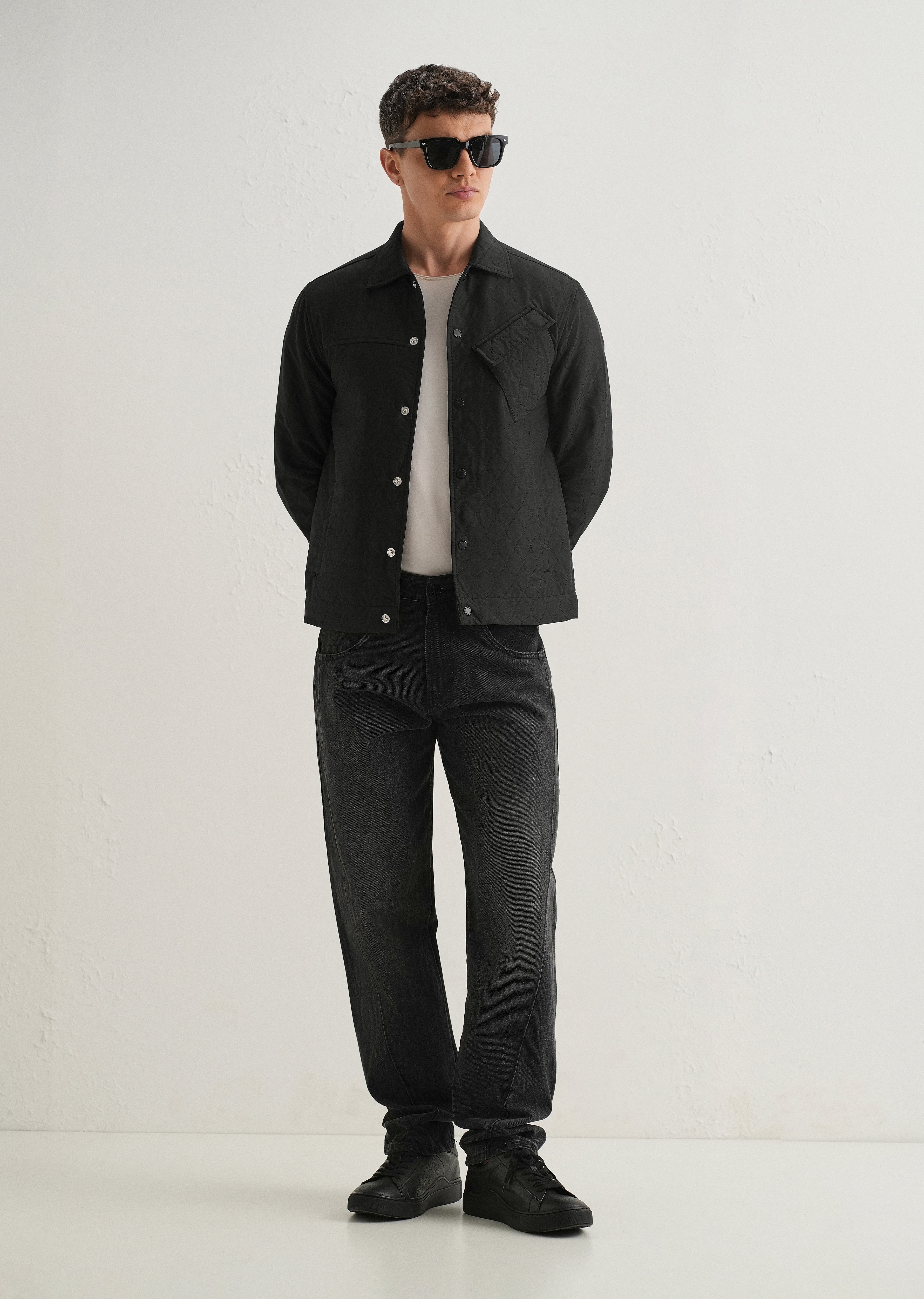 Black Cross Pocket Self Pattern Shacket