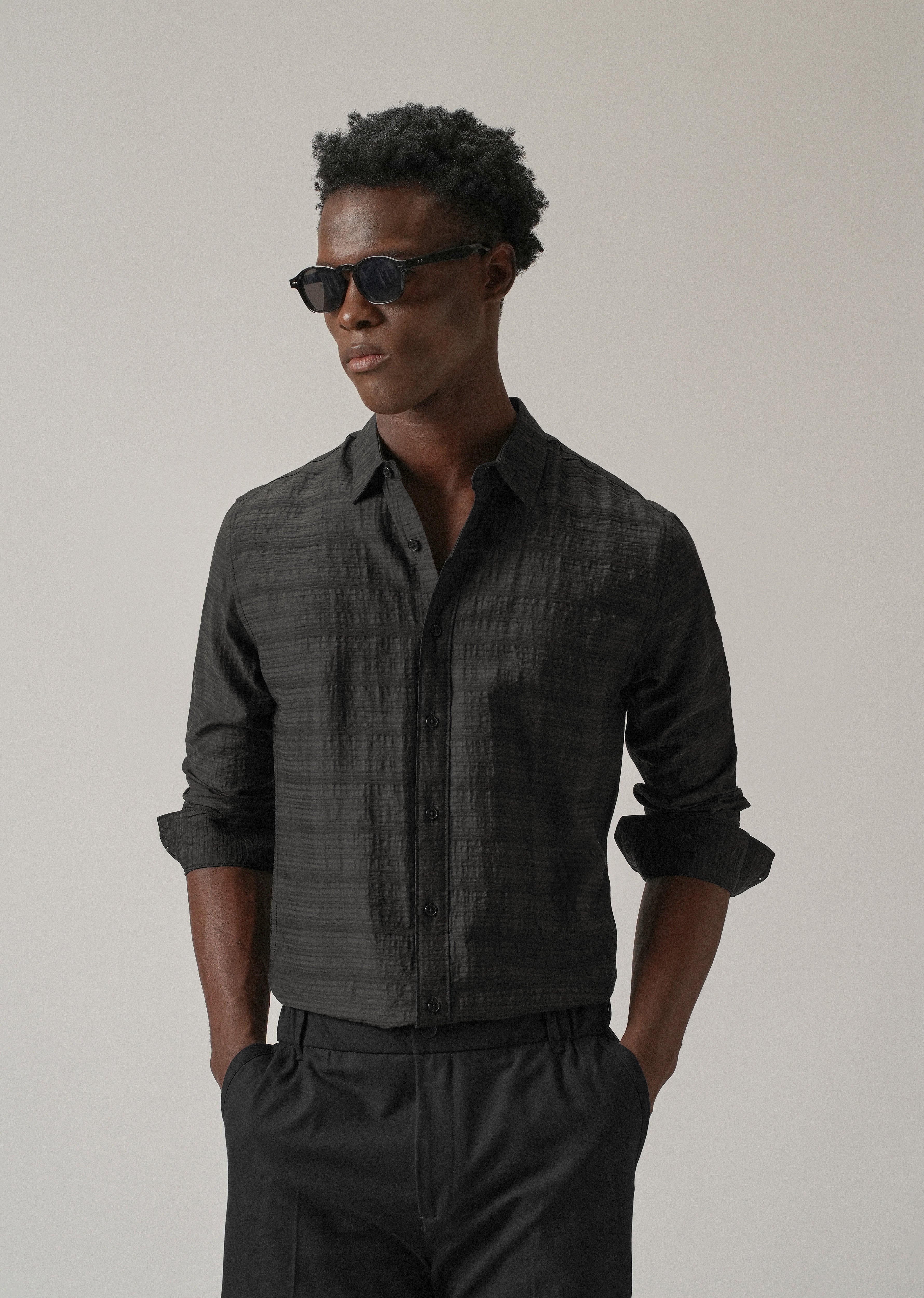 Black Crushed Self Stripe Shirt