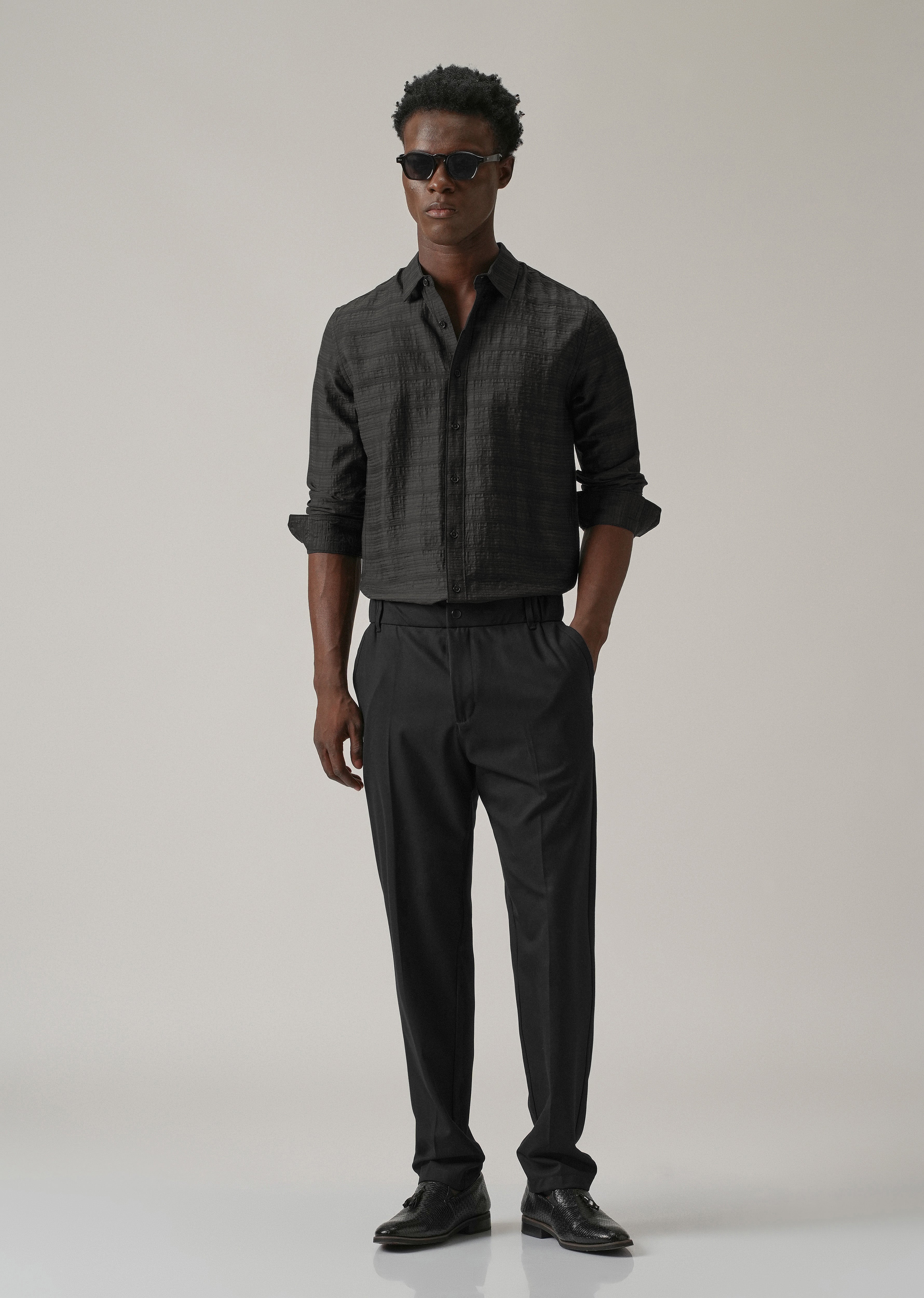Black Crushed Self Stripe Shirt
