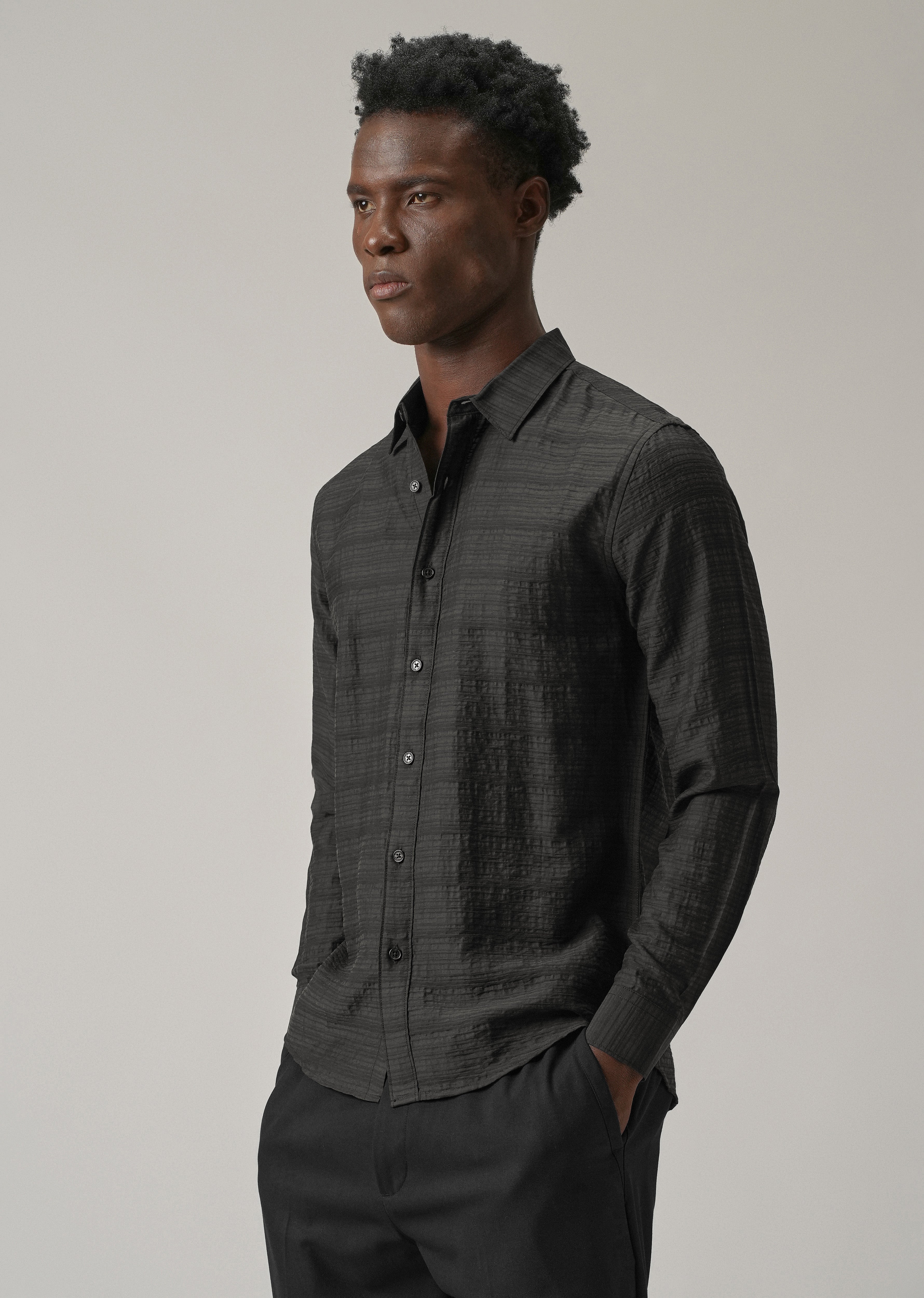 Black Crushed Self Stripe Shirt