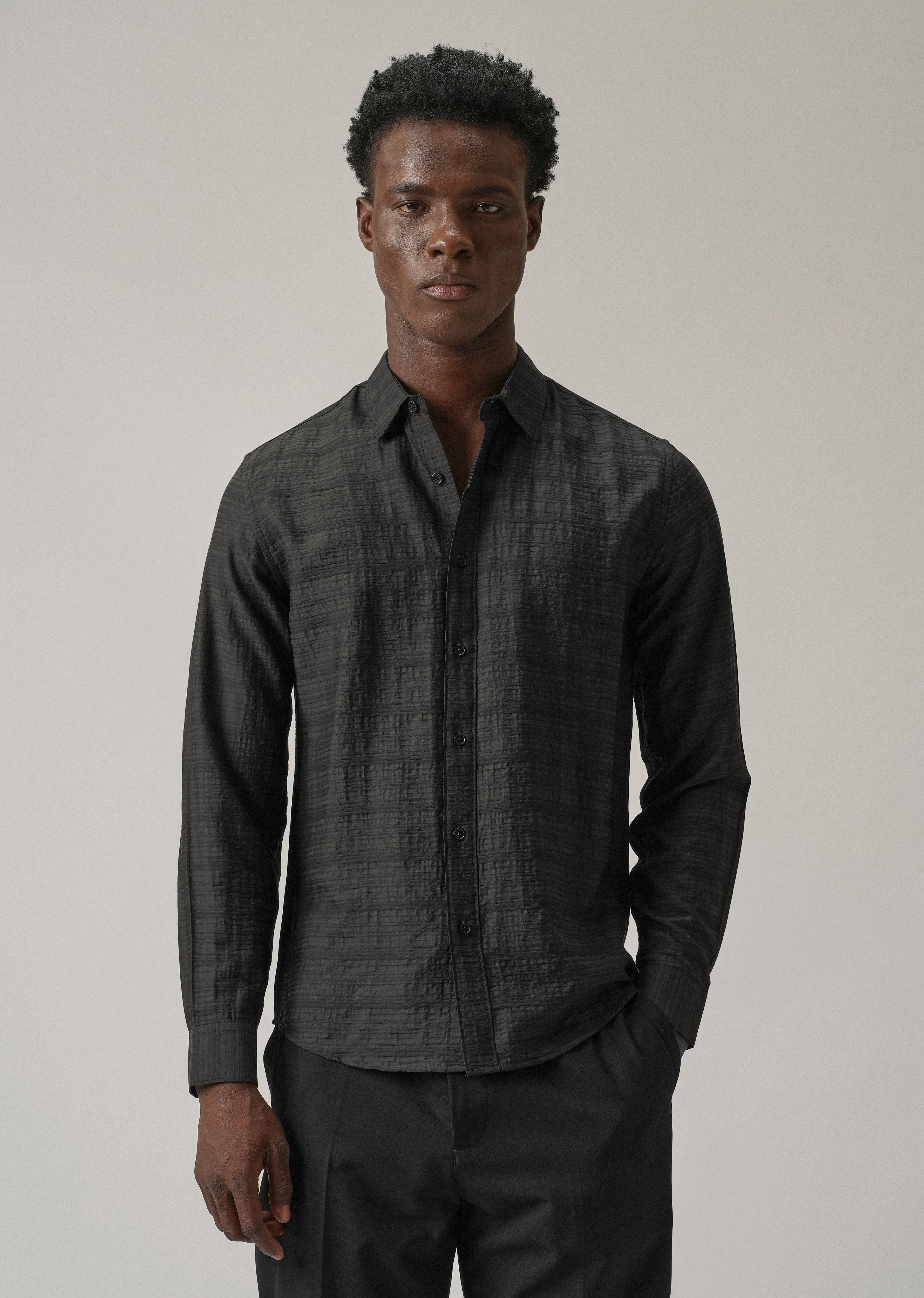 Black Crushed Self Stripe Shirt