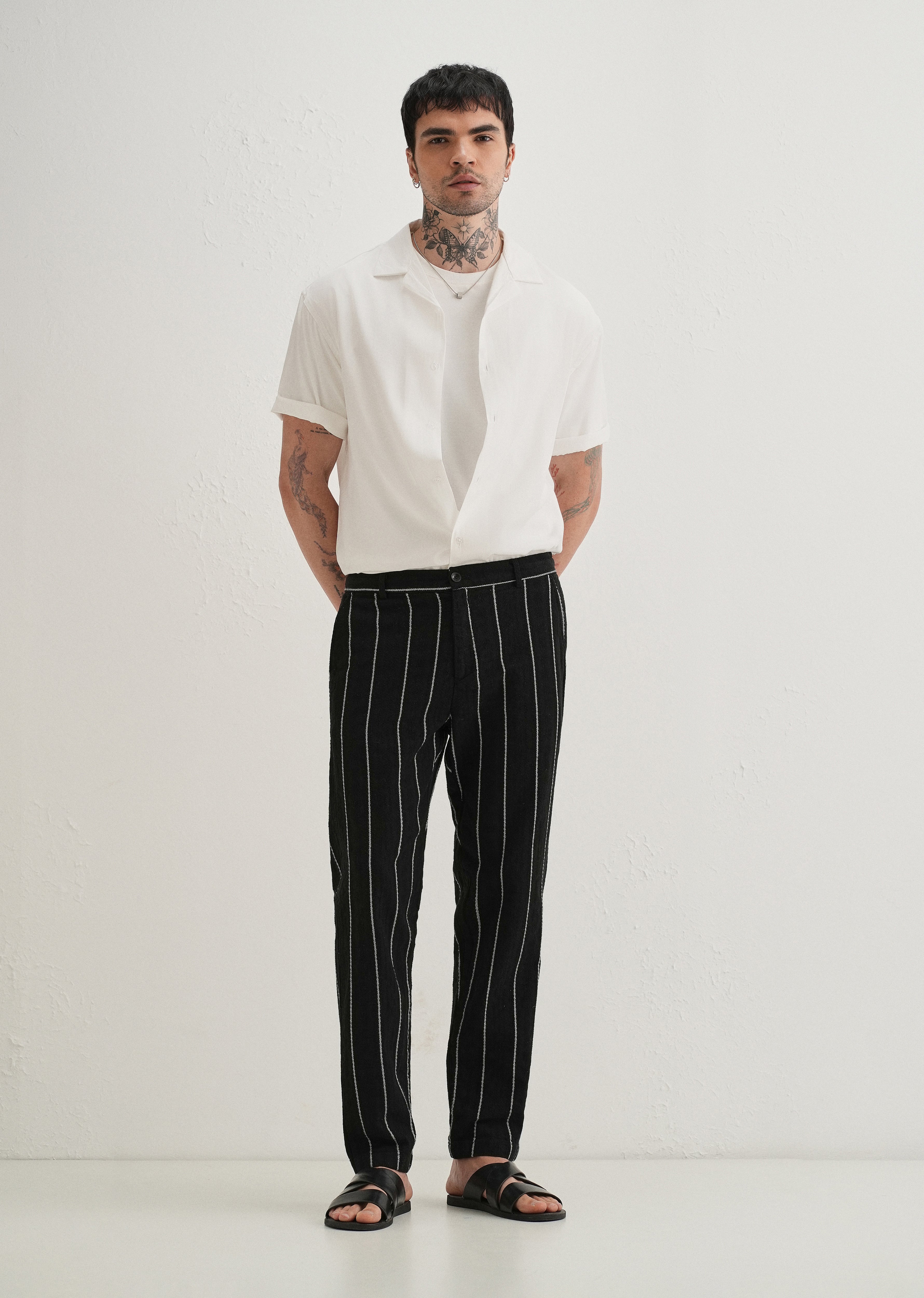 Black Dobby Cotton Stripe Pants