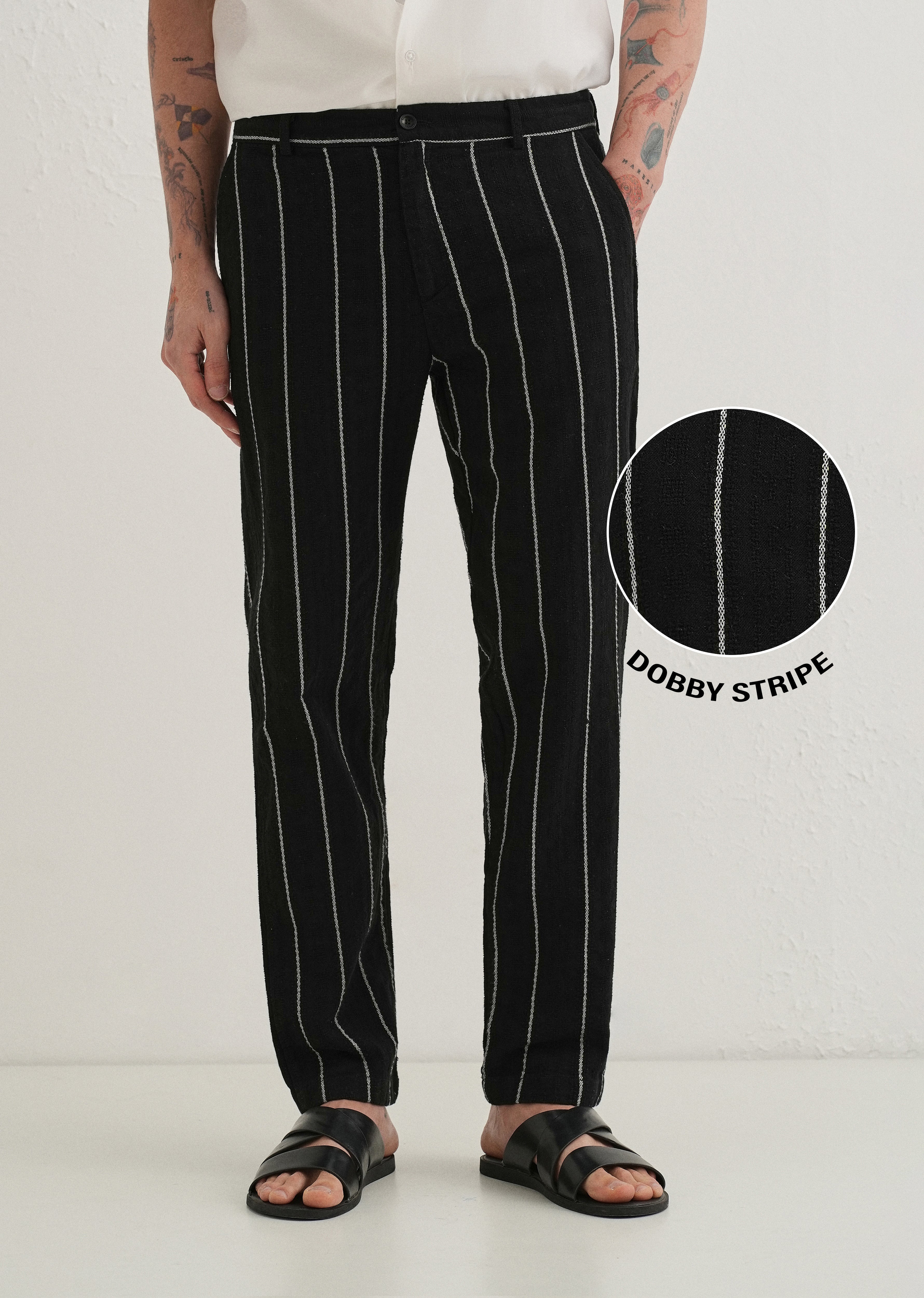 Black Dobby Cotton Stripe Pants