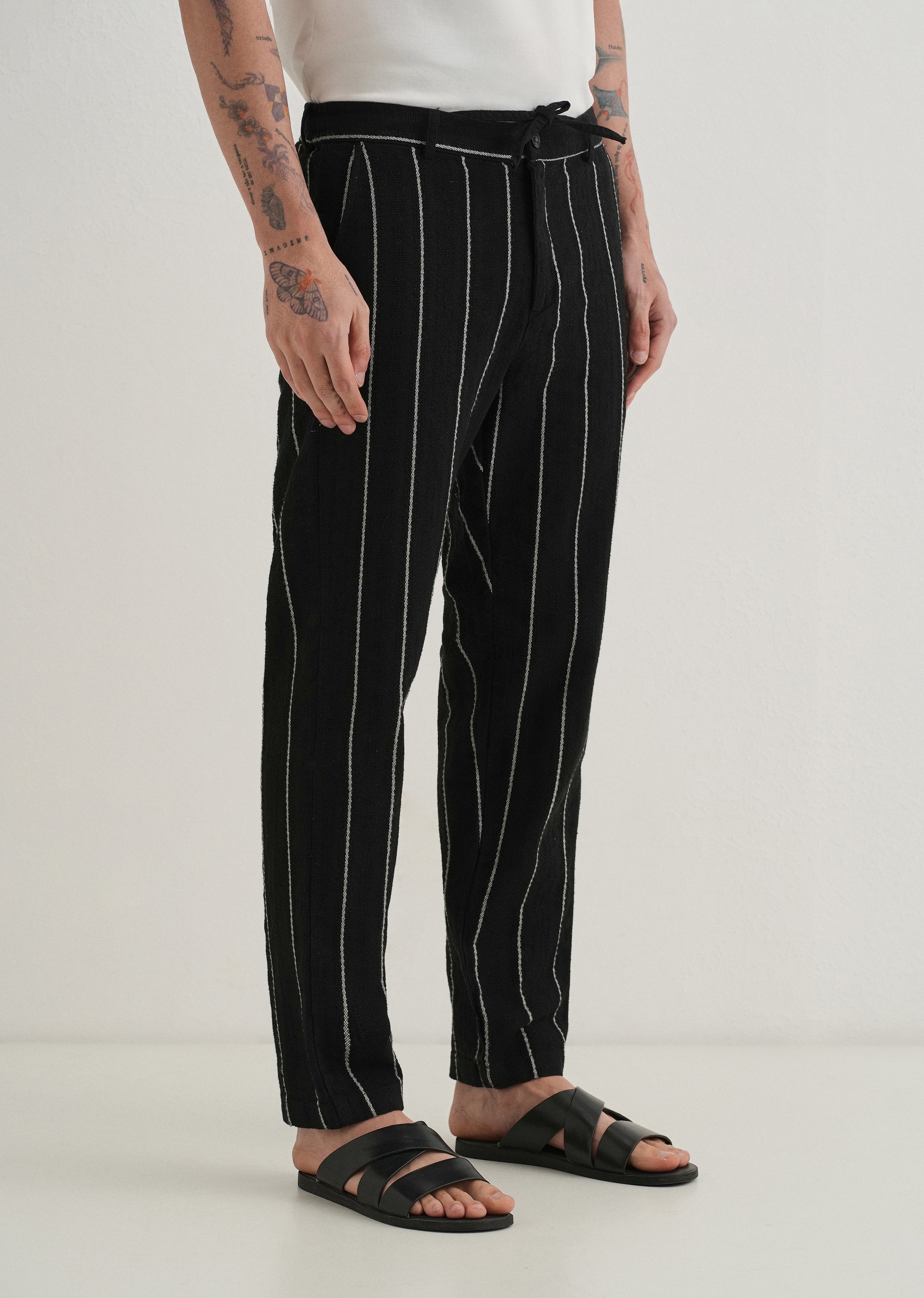 Black Dobby Cotton Stripe Pants