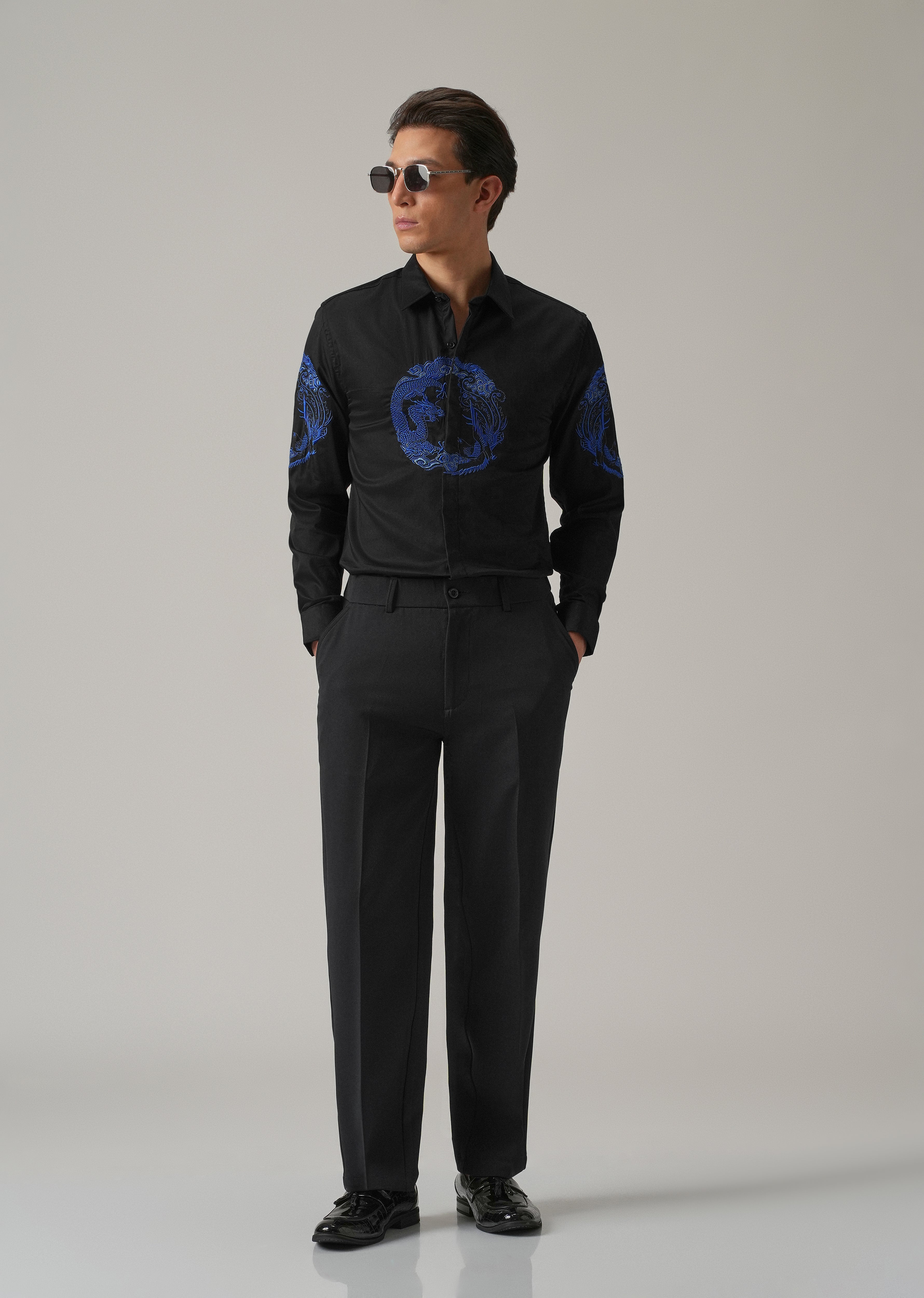 Black Dragon and Phoenix Embroidery Designer Shirt