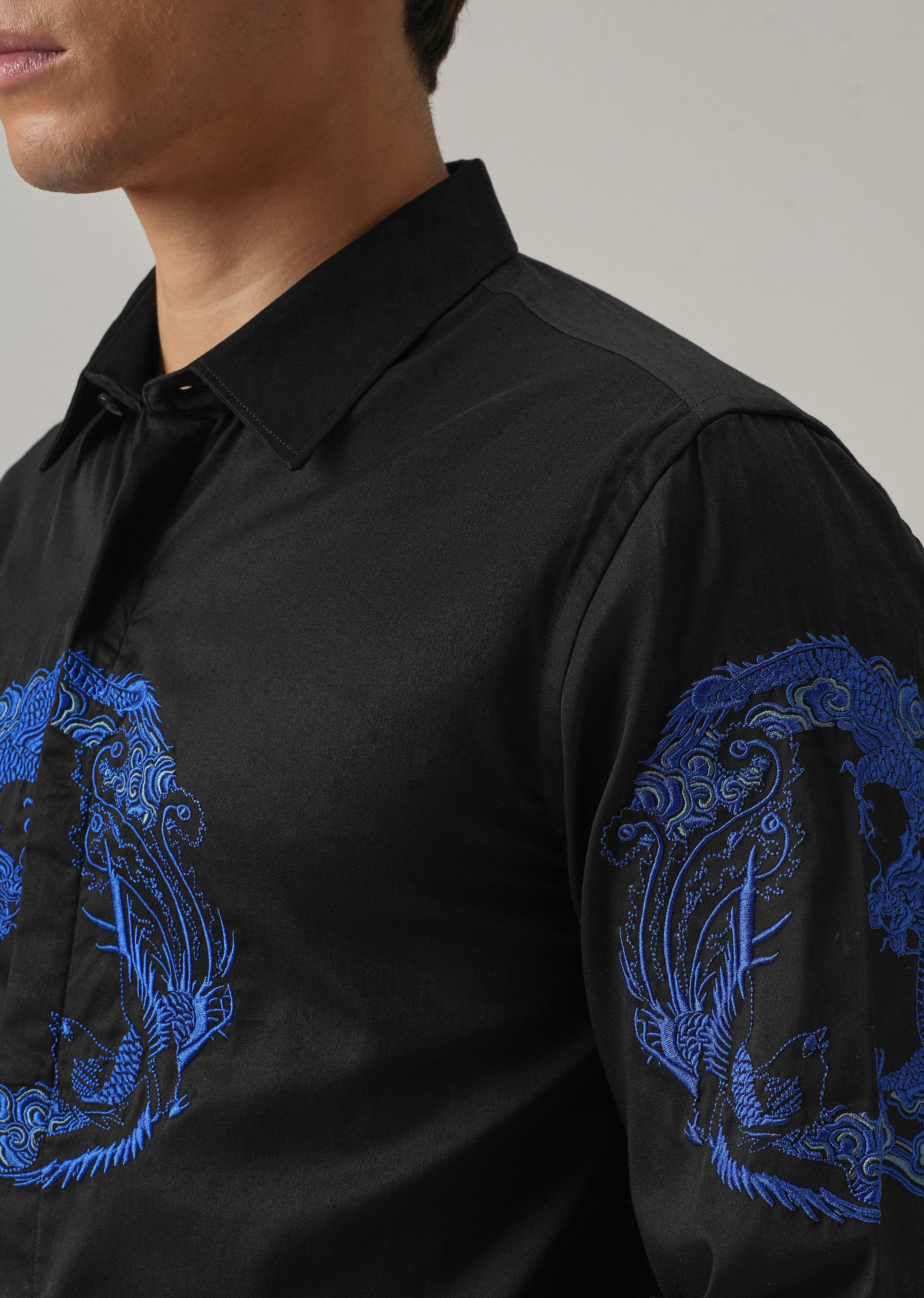 Black Dragon and Phoenix Embroidery Designer Shirt