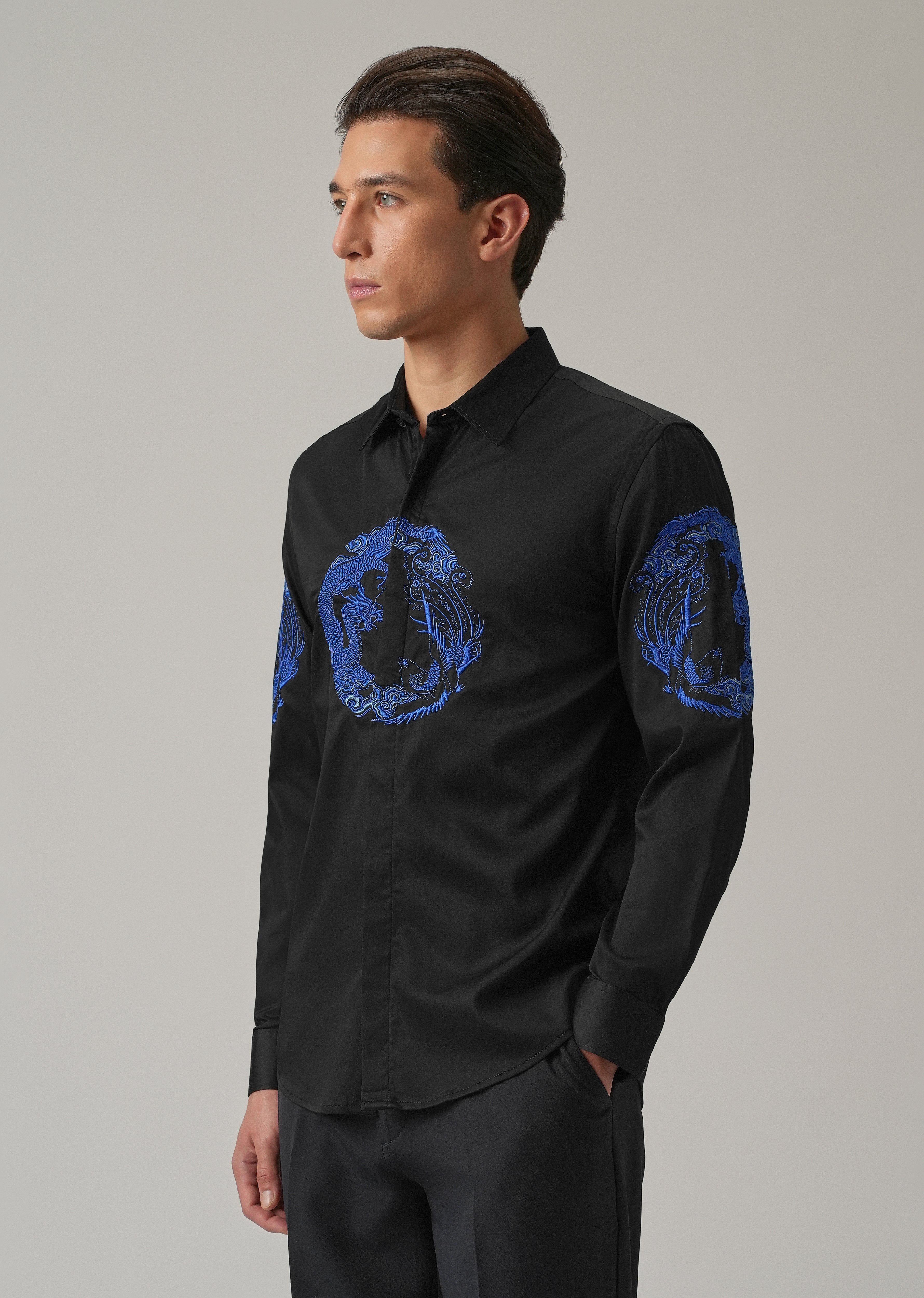 Black Dragon and Phoenix Embroidery Designer Shirt